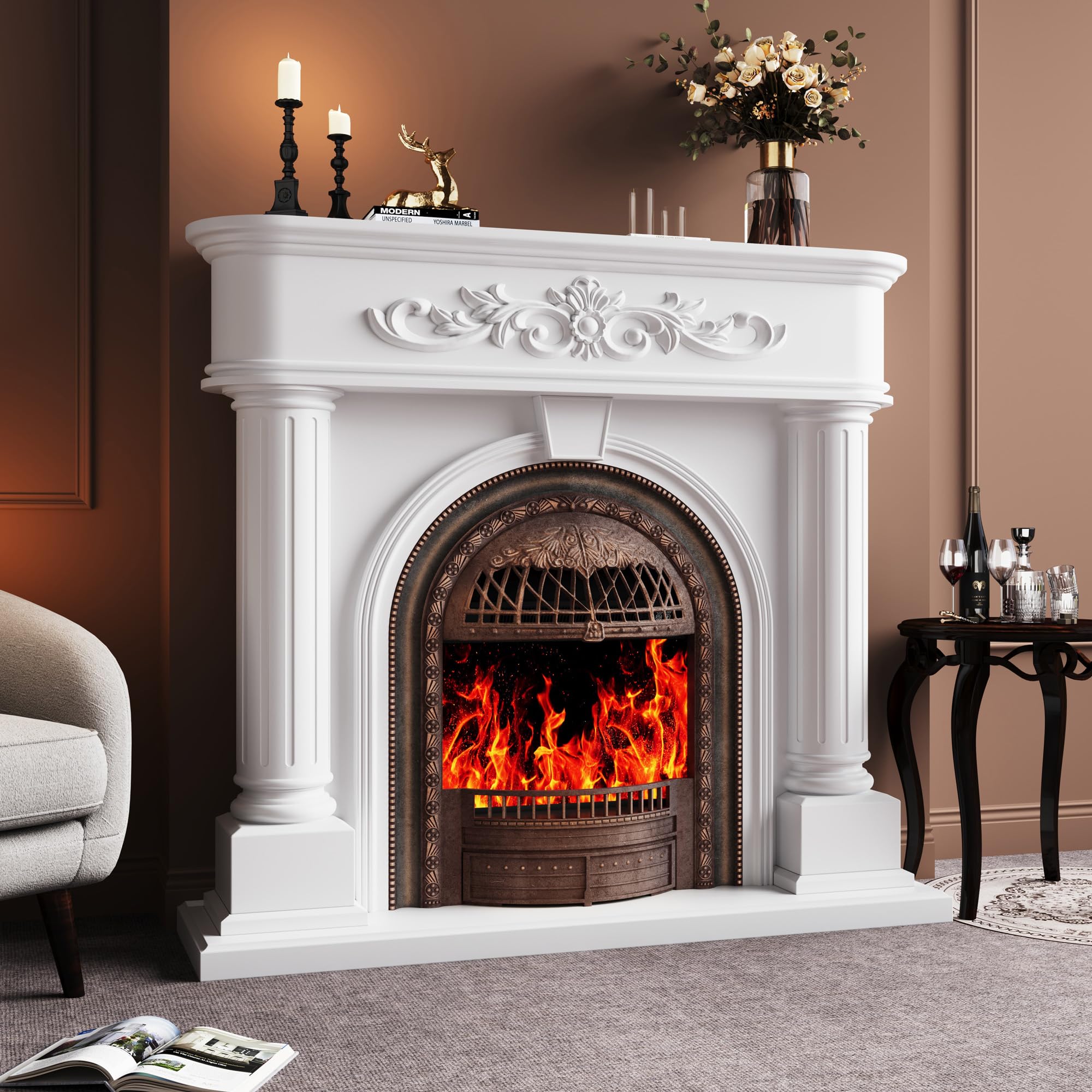 51inch Solid Wood Electric Fireplace with Mantel（White）