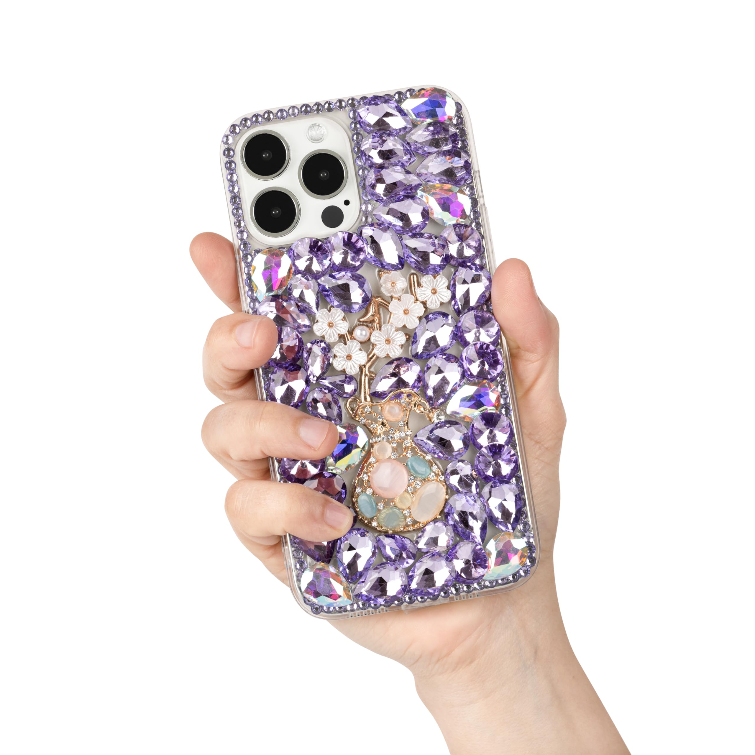 BINLING iPhone 14 Pro Bling Luxury and Fashion Jewelry Flowers Case, 3D Diamond Glitter, Crystal Rhinestone Pendant, Clear Bumper Protection, 6.1 inch, Purple