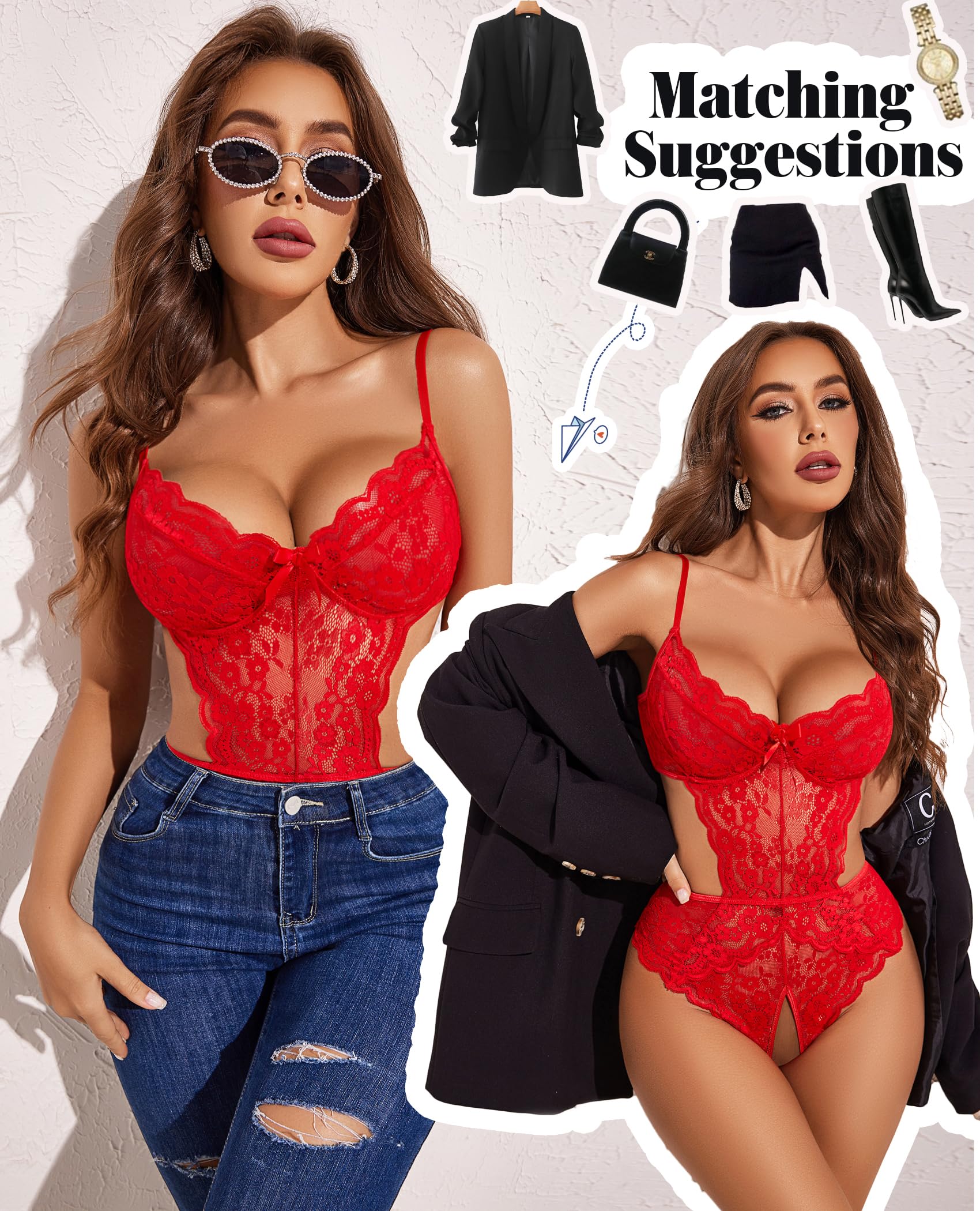 Avidlove Women Lingerie Lace Bodysuit Teddy Lingeries V Neck Cut Out One Piece Mini Babydoll: Red Medium