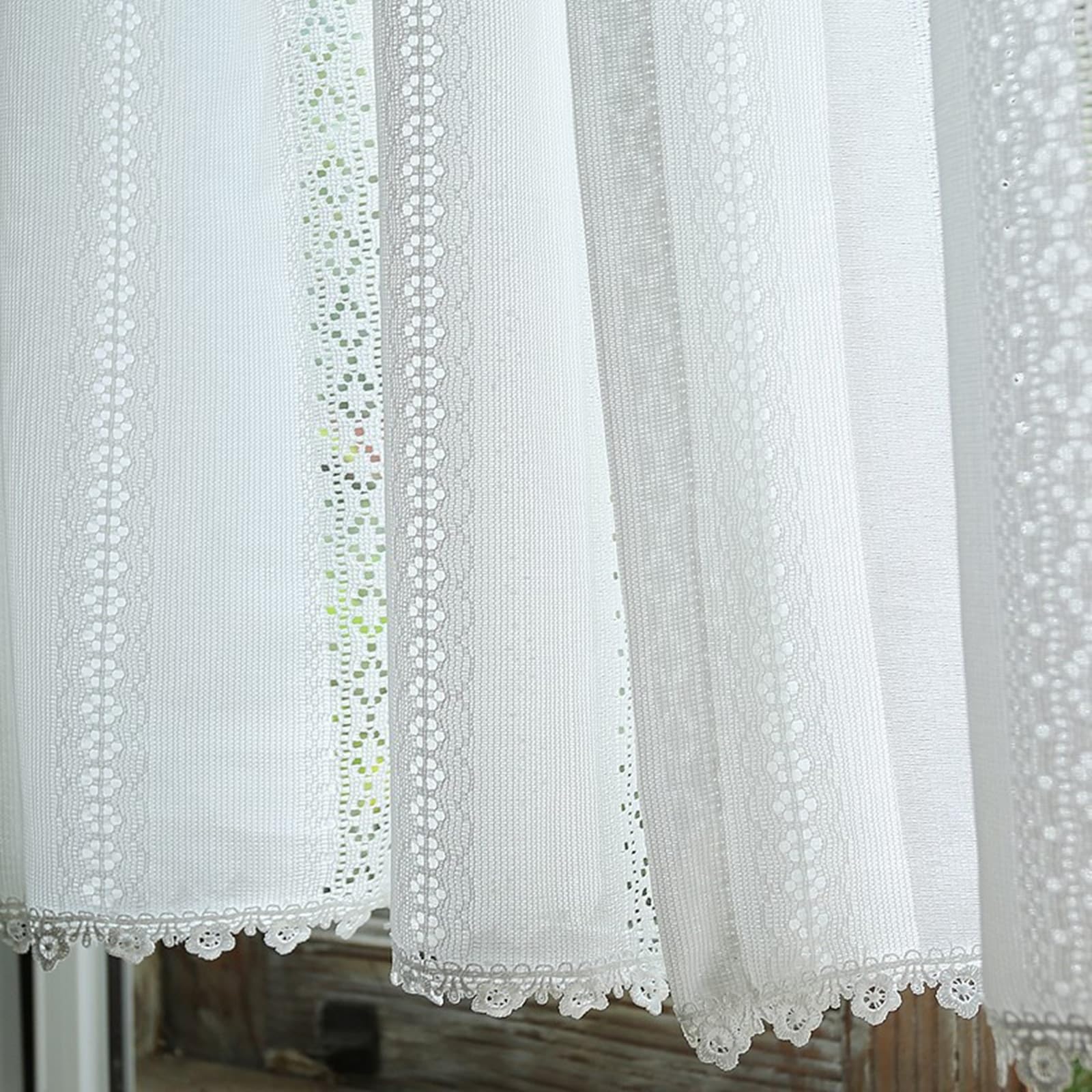 Zasłony krótkie, koronkowe, z kokardką, woal, z taśmą marszczącą, 135 x 50 cm x 1 szt., zestaw 2 sztuk na drzwi biało-zielone, do kuchni/łazienki, zasłony na okno