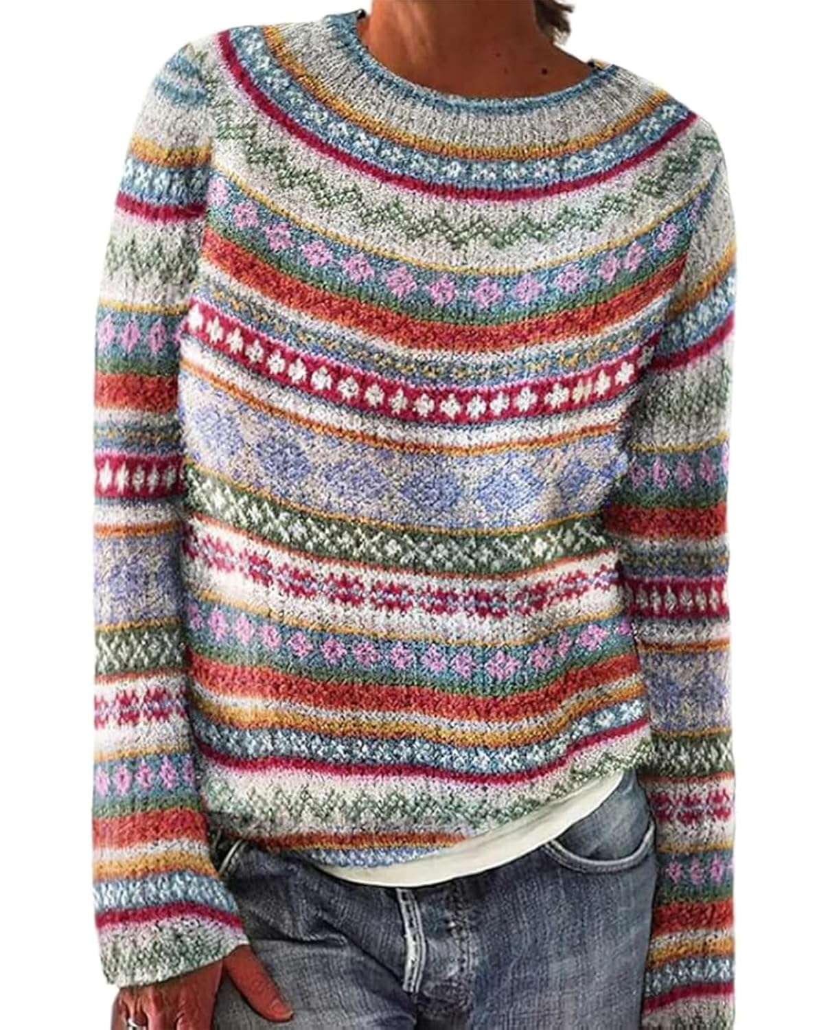 Fair Isle Sweater for Womens Winter Long Sleeve Vintage Knitted Sweater Casual Fall Crew Neck Pullover Sweaters