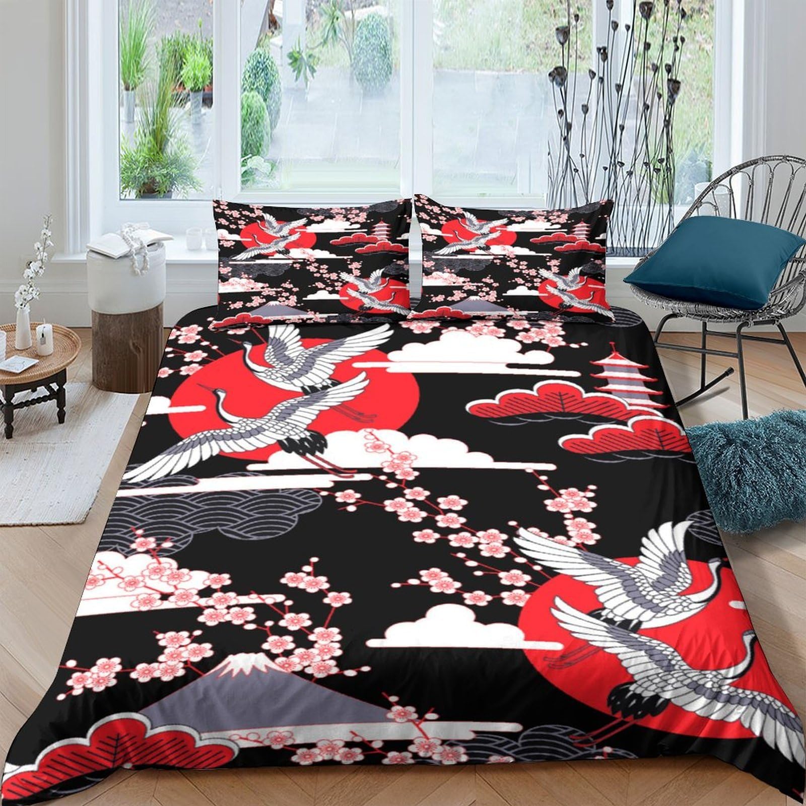 Ctjqhvkz Style-7 3D Printed Japanese Crane Fitted Sheet Microfiber Bedroom Decor Cherry Blossom Bed Cover Black Red For Adult Teen Single（135X200cm）