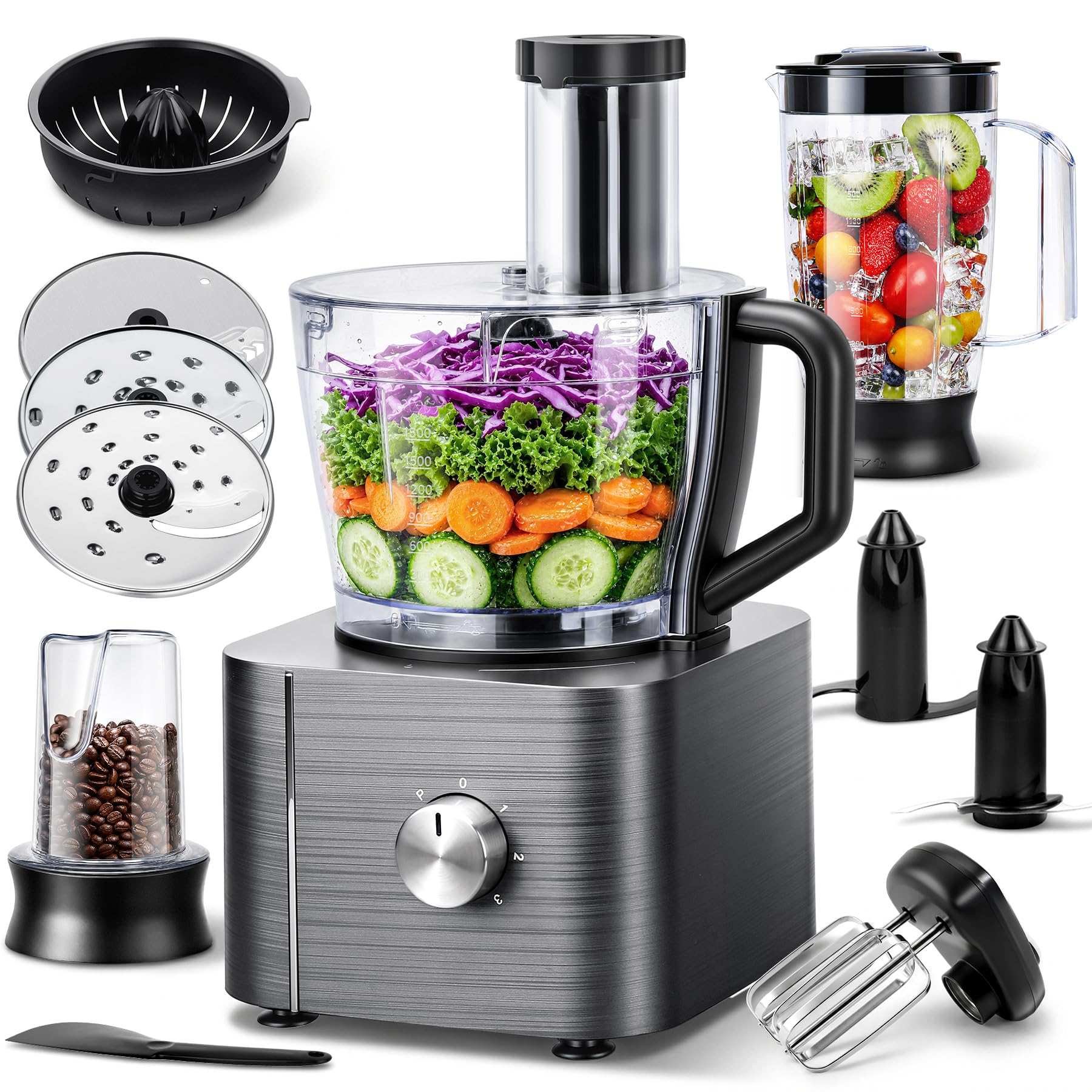 TopStrong Food Processor, 11-in-1 Food processor and blender with Chopping Blending Kneading Grinding Whisking Juicing, 1100W, 3 Speeds Plus Pulse, 3.2 L Bowl and 1.5L Jug Blender, Grey — image 1