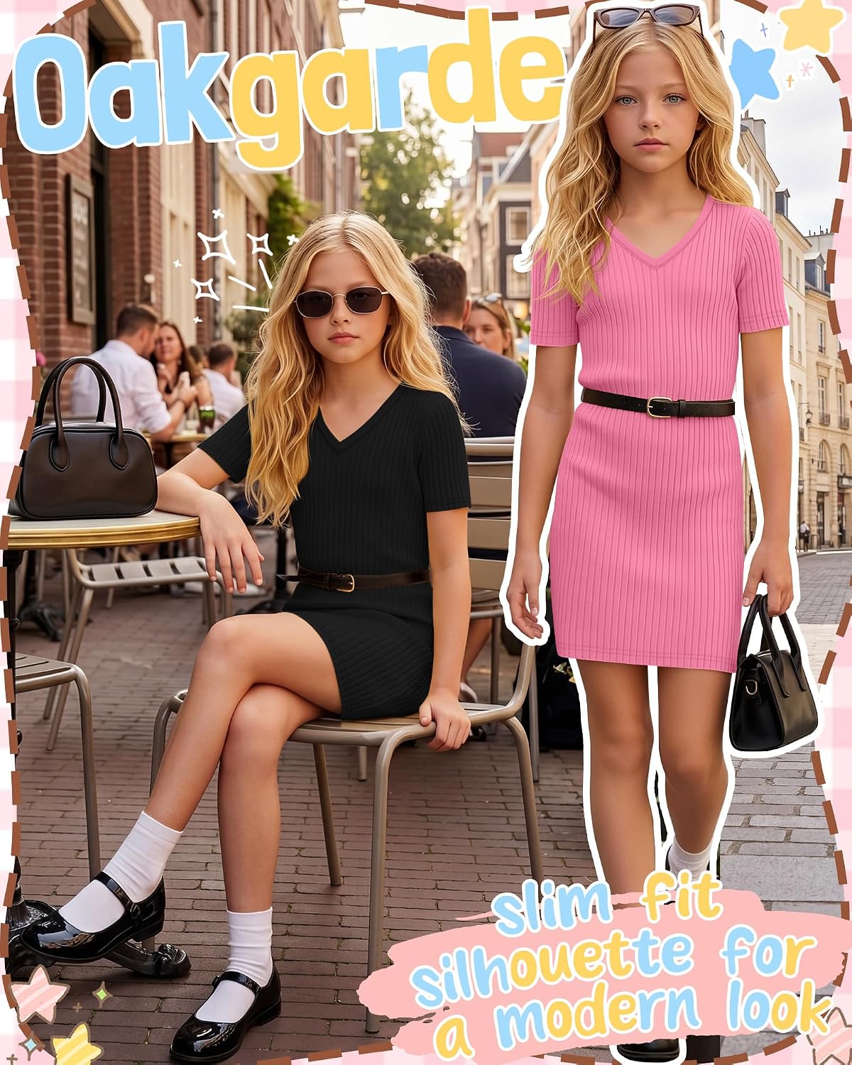 Oakgarden 2 Pack Girls Short Sleeve Dresses Bodycon Ribbed V Neck Dresses for Summer Pencil Basic Slim Fit Casual 5-14Y