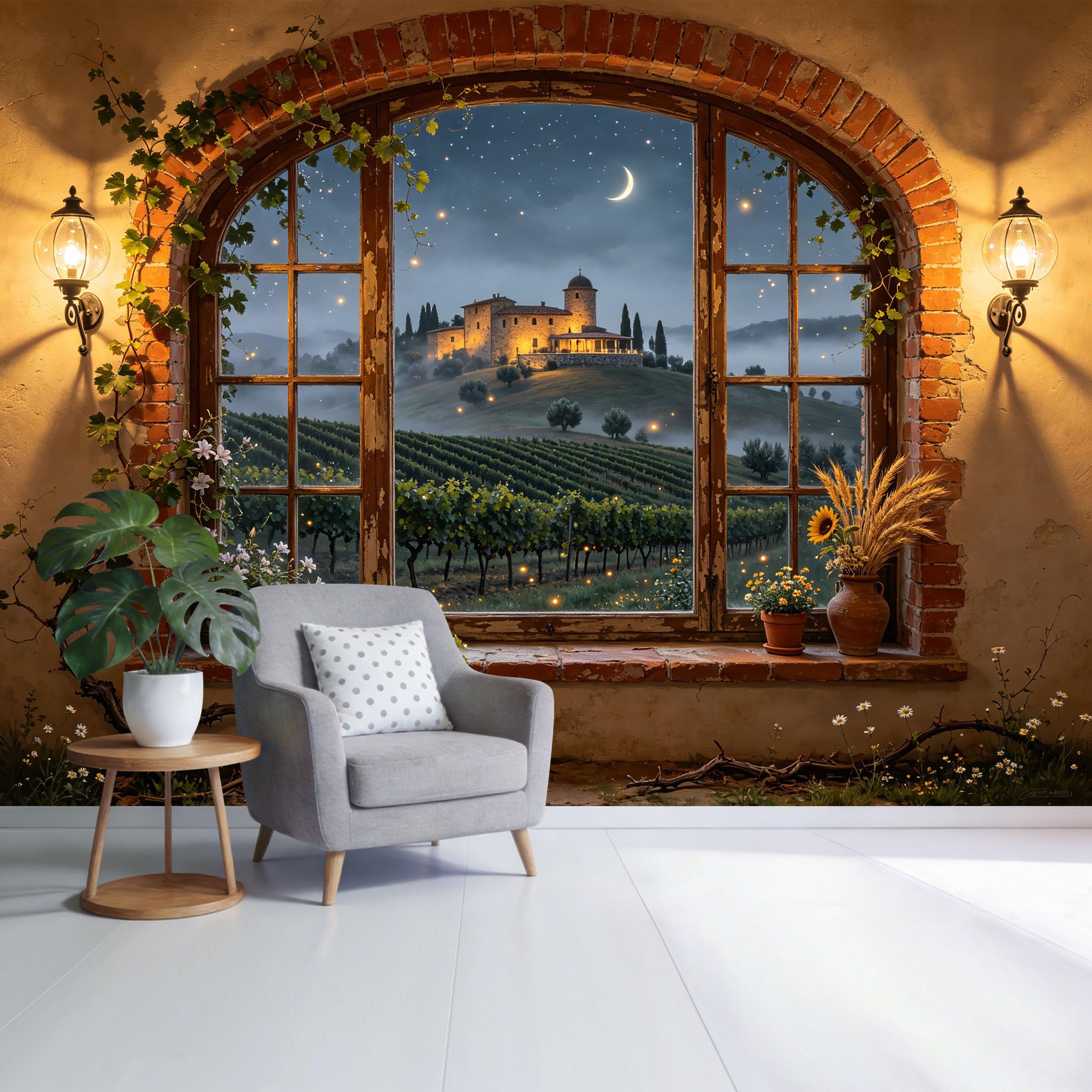 Custom Size Wall Mural Tuscan Vineyard Villa Night View 3D Trompe L'Oeil Removable Self Adhesive Fabric， Home Wall Decor for Living Room Bedroom Bathroom