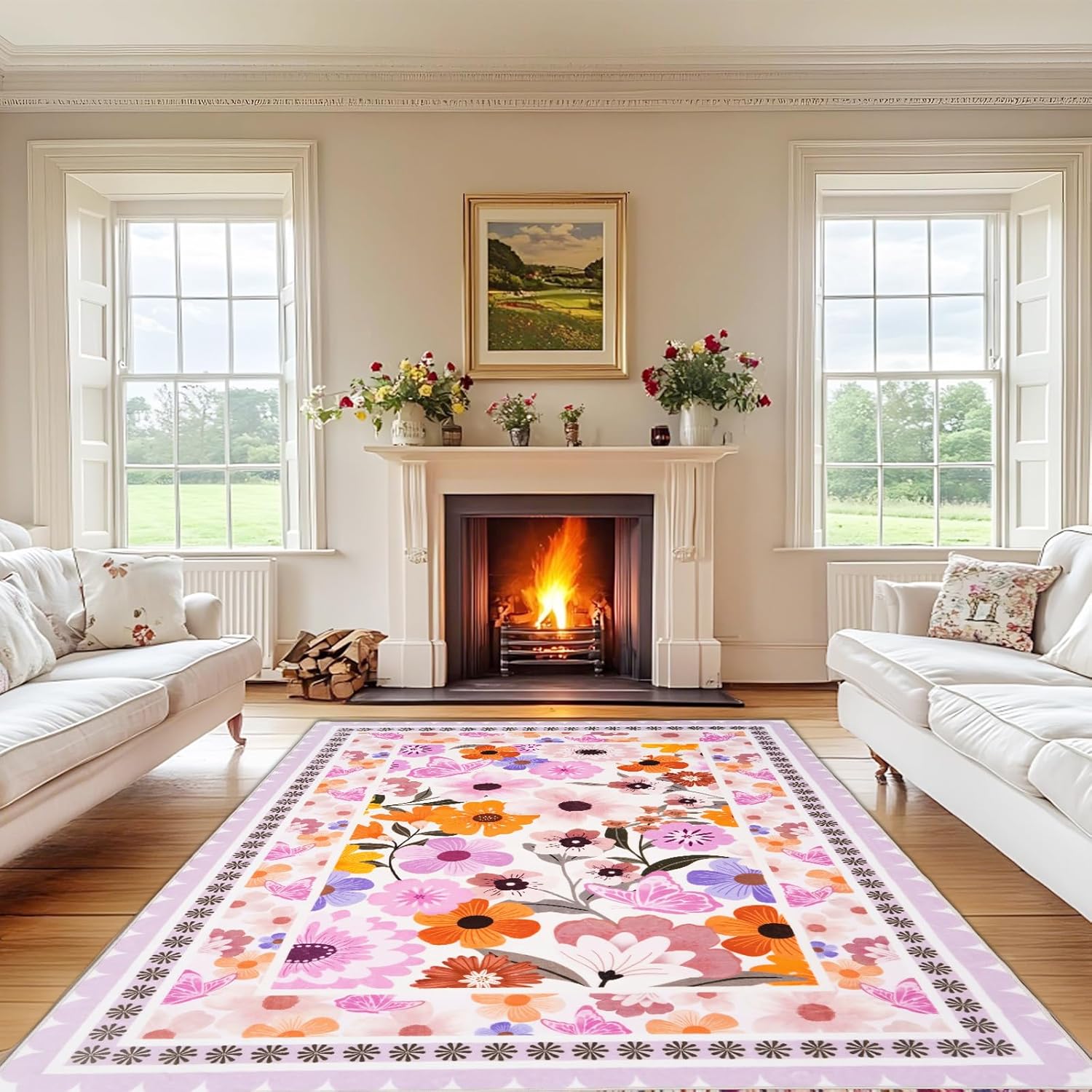 4x6 Area Rugs for Living Room - Washable Bedroom Rug Soft Low Pile Floral Print Rug Dining Room Mat Carpet with Non-Slip Backing, Pink