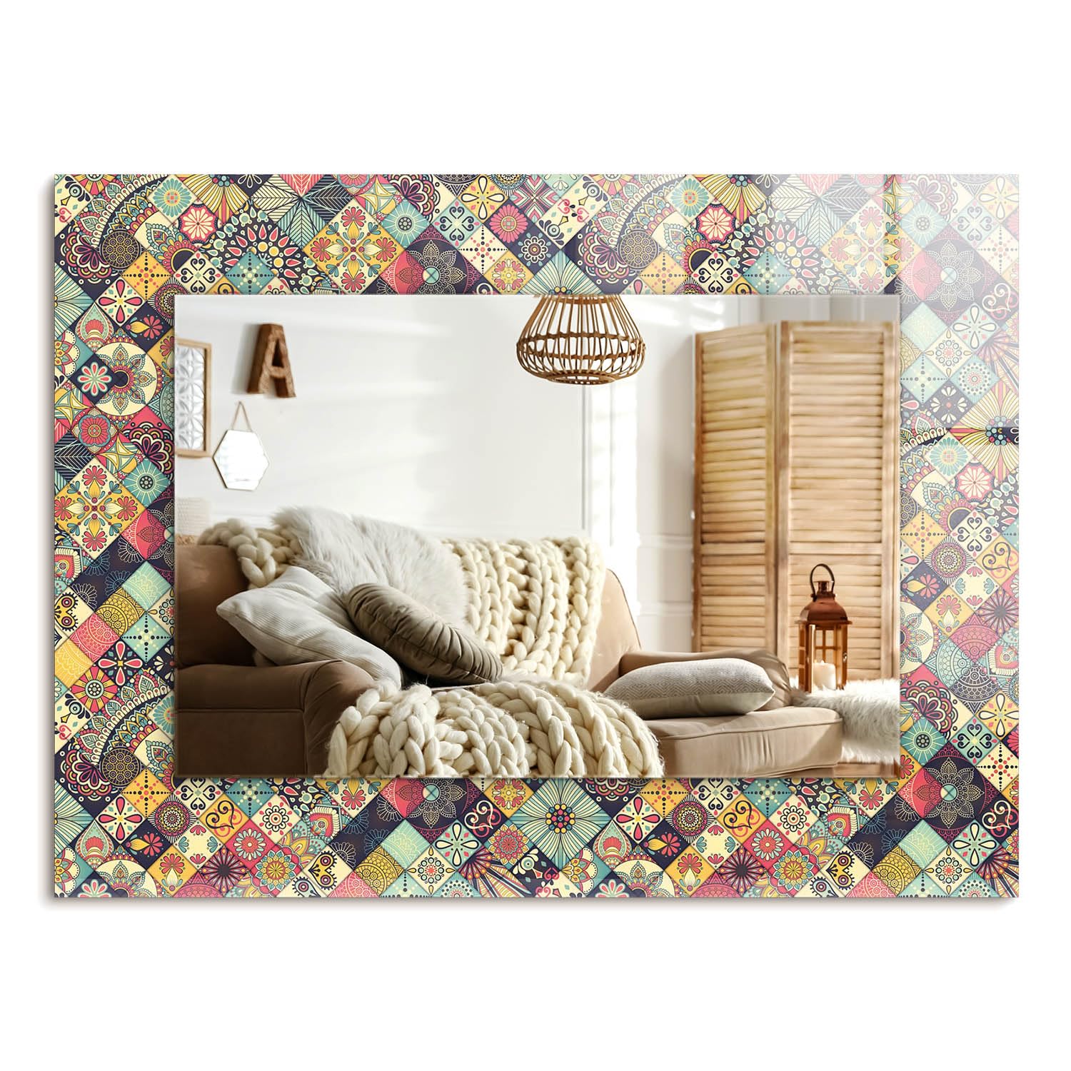 Miroir de salle de bain 80x60 cm à motifs patchwork pour illuminer votre rituel matinal