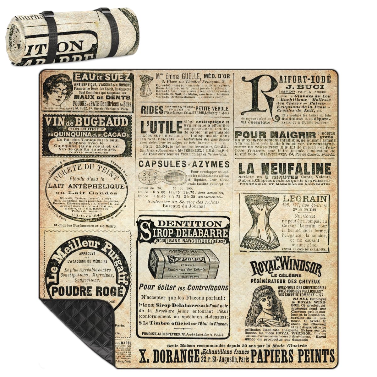Shimoshe Extra Large Picnic Blankets 79”x 79”, Vintage Newspaper Waterproof Foldable Picnic Mat with Straps Portable Beach Blanket for Camping Park Grass Beach Indoor