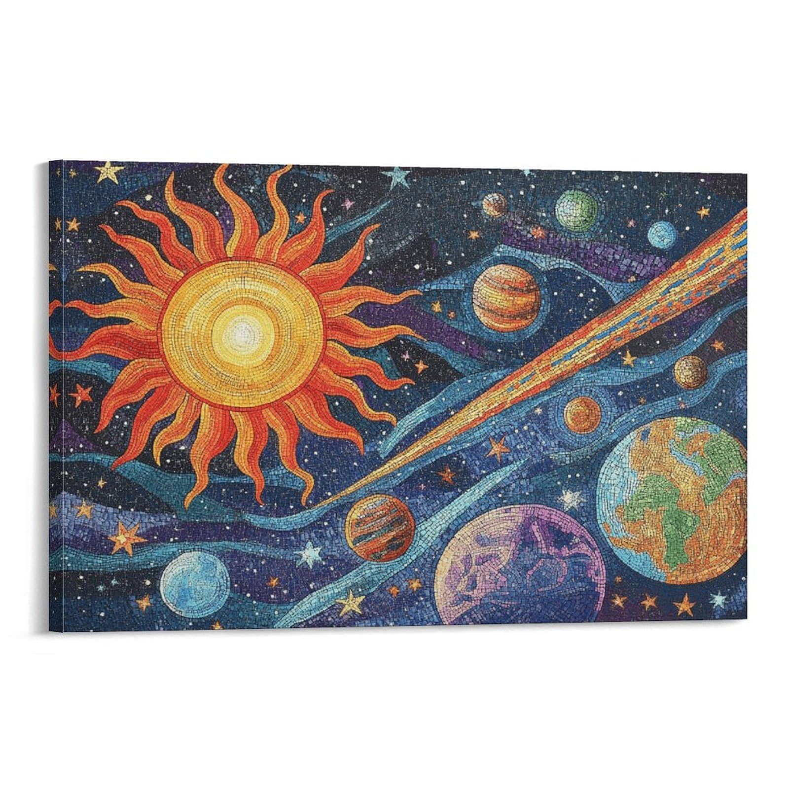 CPLVKWRQJ SolarSystemMosaicArt Individual Mosaic Sun Planets And Shooting Comet Art Canvas Wall Decor - Nursery Wall Hanging Space Saving Removable Ready to Hang 12x18inch(30x45cm)