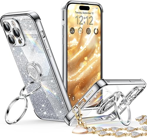 Miniatura 31 de XYZ Funda para iPhone 14 con soporte, funda para teléfono con soporte de doble anillo, para mujeres y niñas, funda transparente con purpurina de Oro