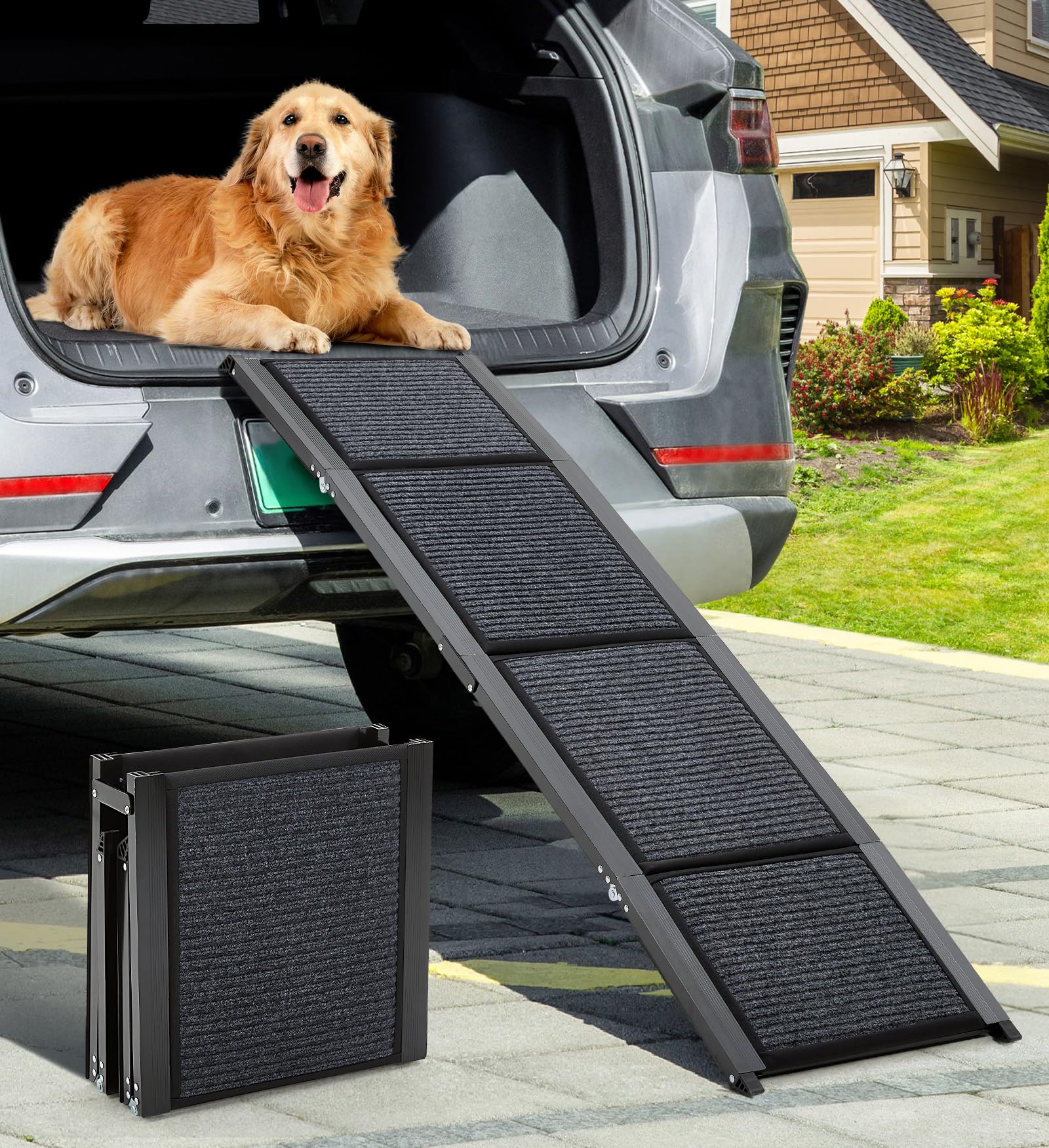 The Fellie Dog Ramp, 170cm Foldable Dog Ramps for Cars, Non-Slip Safety Surface Pet Ramp Stairs, Dog Steps for Medium Large Dogs Up to 250LBS, Lightweight & Portable, Dog Ramps for Cars, Sofa, Bed