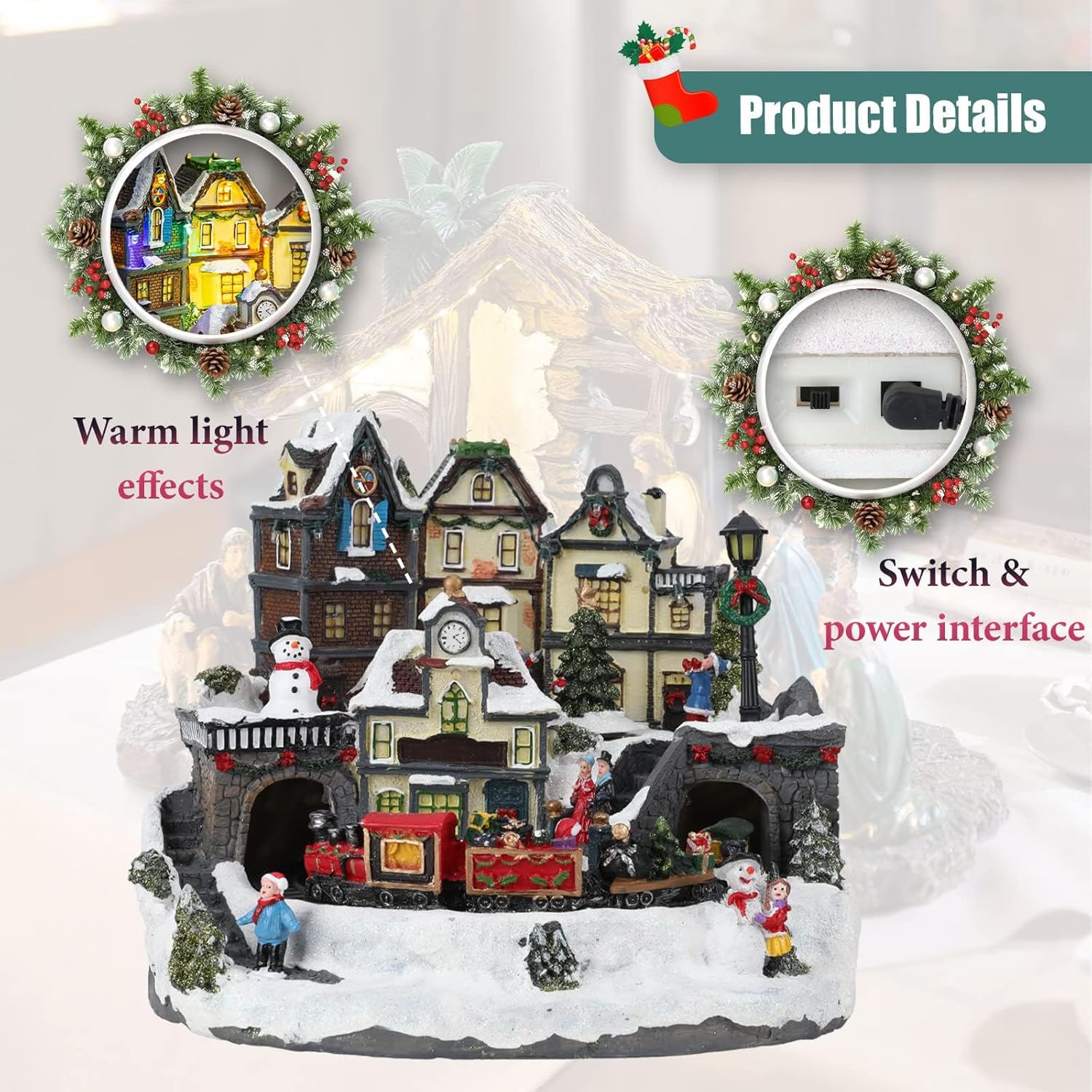 Afirst クリスマスビレッジハウス コレクタブルフィギュア 移動列車 回転クリスマスツリー ライト付きクリスマスハウス コレクシ