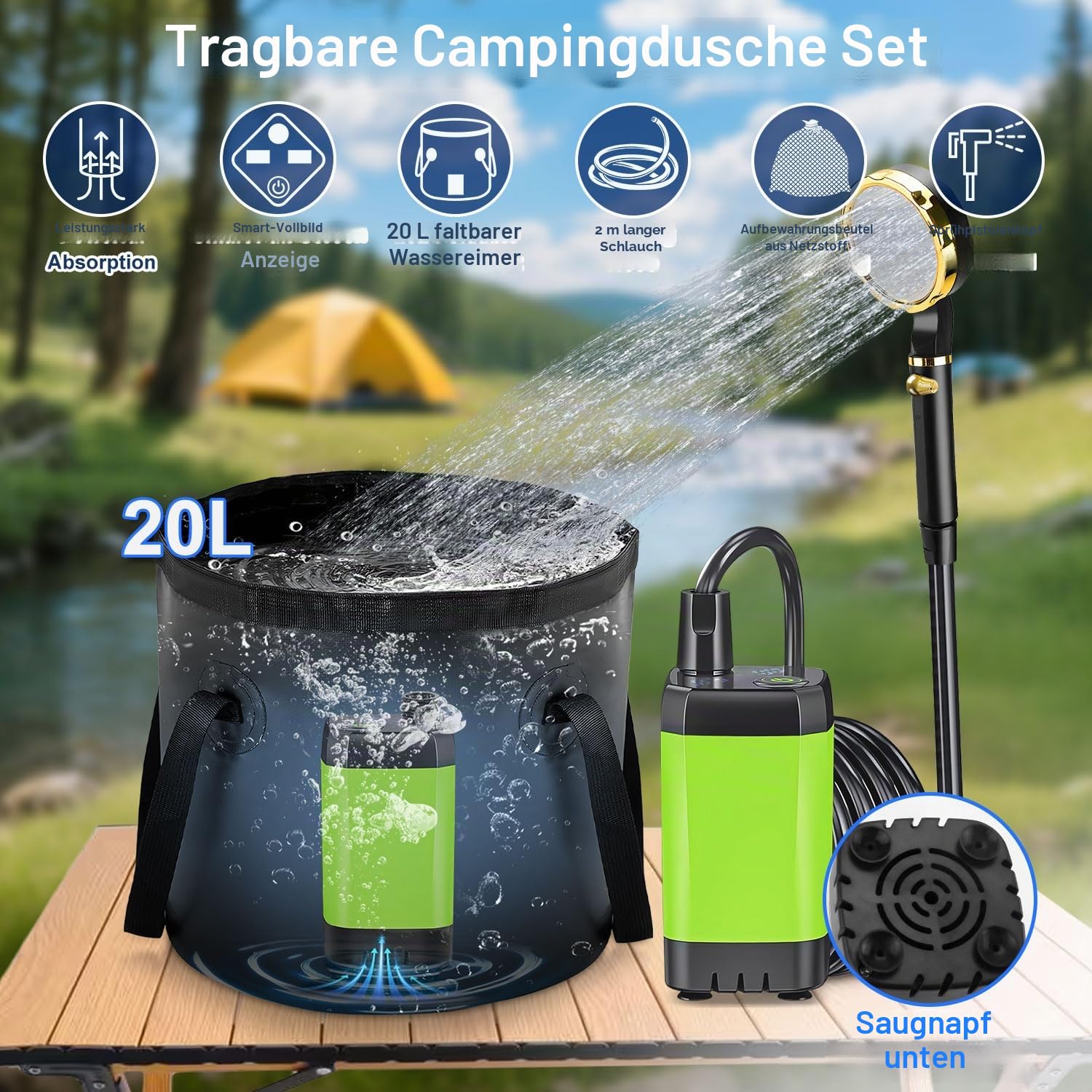 Anesty Tragbare Campingdusche Set, 6000mAh Wiederaufladbar Camping Duschen Pumpe mit Smart-Display, Duschkopf, 20L Falteimer und Zubehör für Outdoor Reisen, Garten, Autowaschen, Haustier