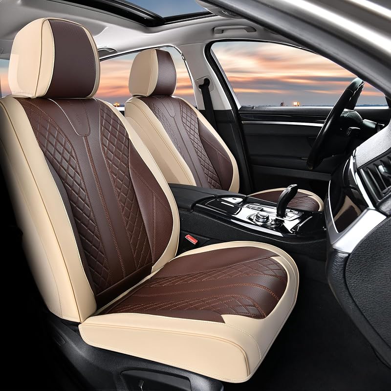 Front Seat Covers 2 Pieces Universal Seat Cover for Cars Breathable Leather Waterproof Car Seat Cover Driver Seat Cover Automotive Car Seat Cushion Fit for Most Cars SUV Trucks, Beige&Coffee