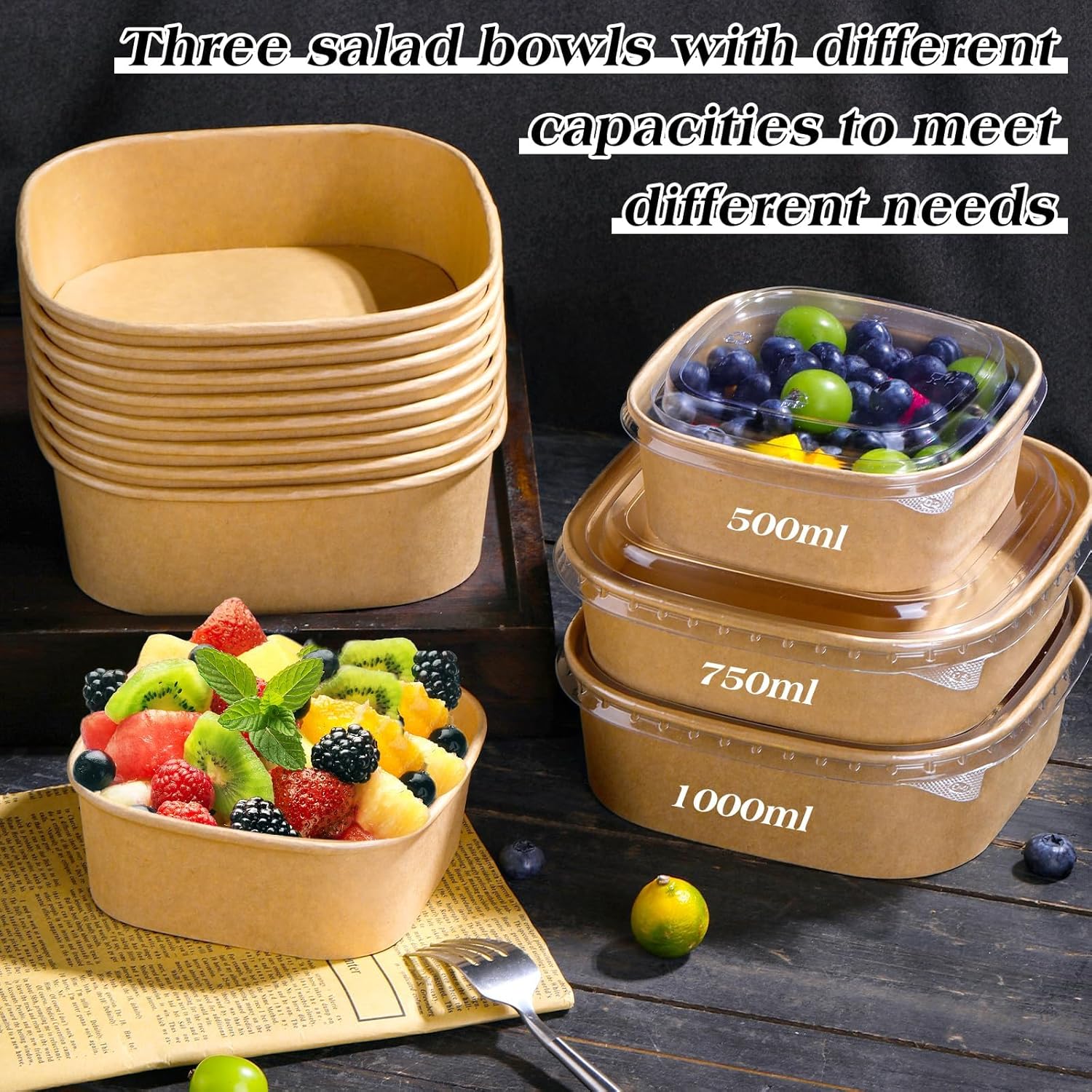 40 Pack 17 oz Paper Bowls, Disposable Food Containers with Lids, Square Disposable Bowls, Disposable Salad Bowls with Lids for Diet Salad, Ice Cream, Yogurt, Party Food