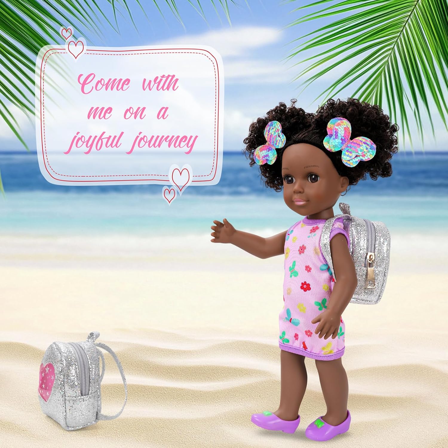 ZQDOLL 14.5 inch Black Doll and Black Baby Doll Clothes and Accessories Set, African Baby Doll with 2 Sets Clothes Shoes Backpack Hairclip Bracelets Diamond Stickers etc- Best Gift for Girls