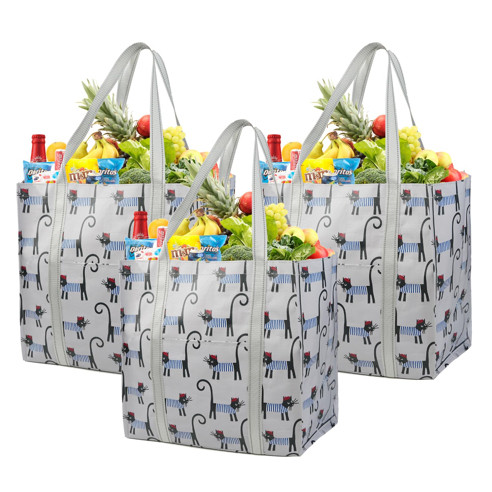 BeeGreen Large Reusable Grocery Bags Heavy Duty with Hard Bottom Foldable Cute Shopping Totes for Groceries