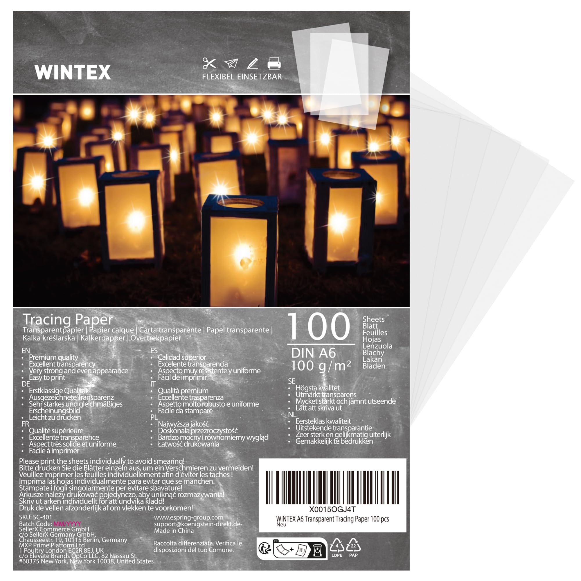 WINTEX Papier Calque Transparent A6 - Lot de 100 - Feuilles de Calque pour l'Impression Jet d'Encre - Papiers Transparents Design et Architecture