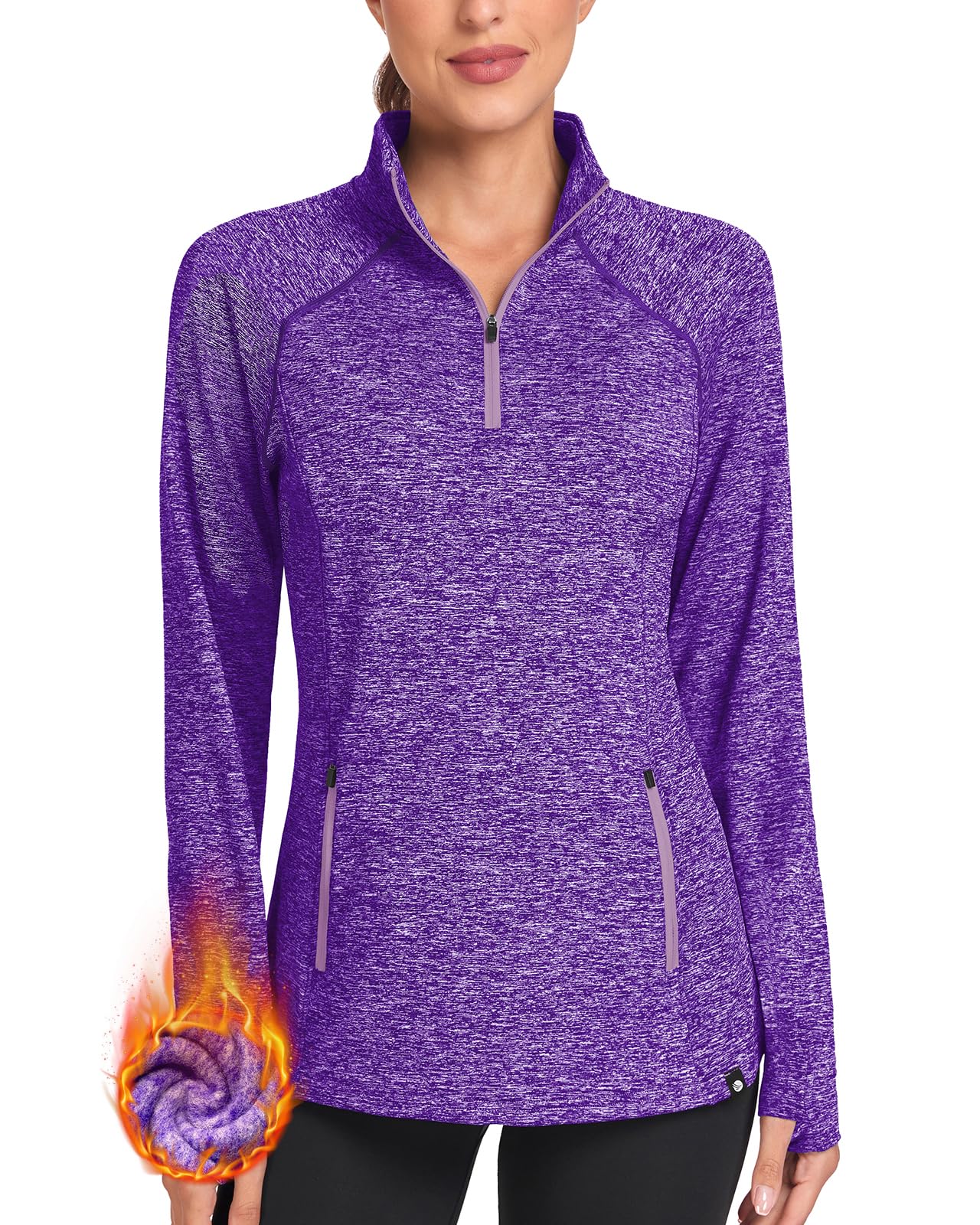 Soneven Women Thermal Fleece Sweatshirt Half Zip Thumbholes Winter Long Sleeve Pullover Tops Mock Neck Running Jacket