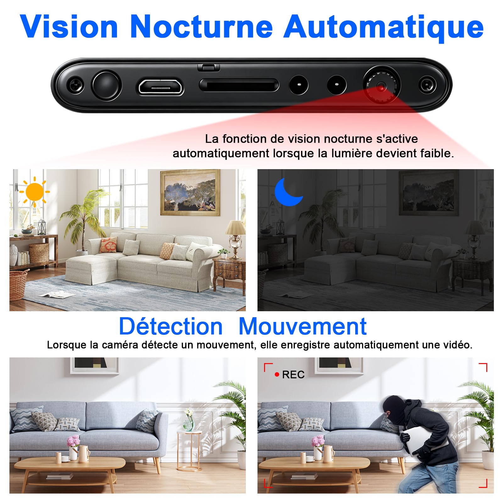 Telecamera Nascosta Spia, 5000mAh Power Bank Micro Camera Spia Nascosta, HD 1080P Mini Spy Cam con Visione Notturna e Sensore di Gravità per Interno/Esterno con Cavo USB 3 in 1