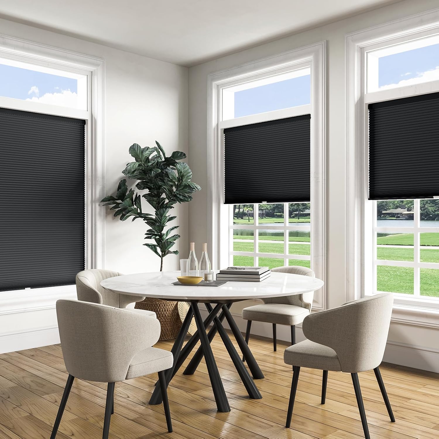 Keego Cordless Cellular Shades Blackout Window Blinds 45mm Single Cell Blackout Window Blinds Premium Honeycomb Shades Thermal Insulated Blinds (Black, 12" W x 48" H)
