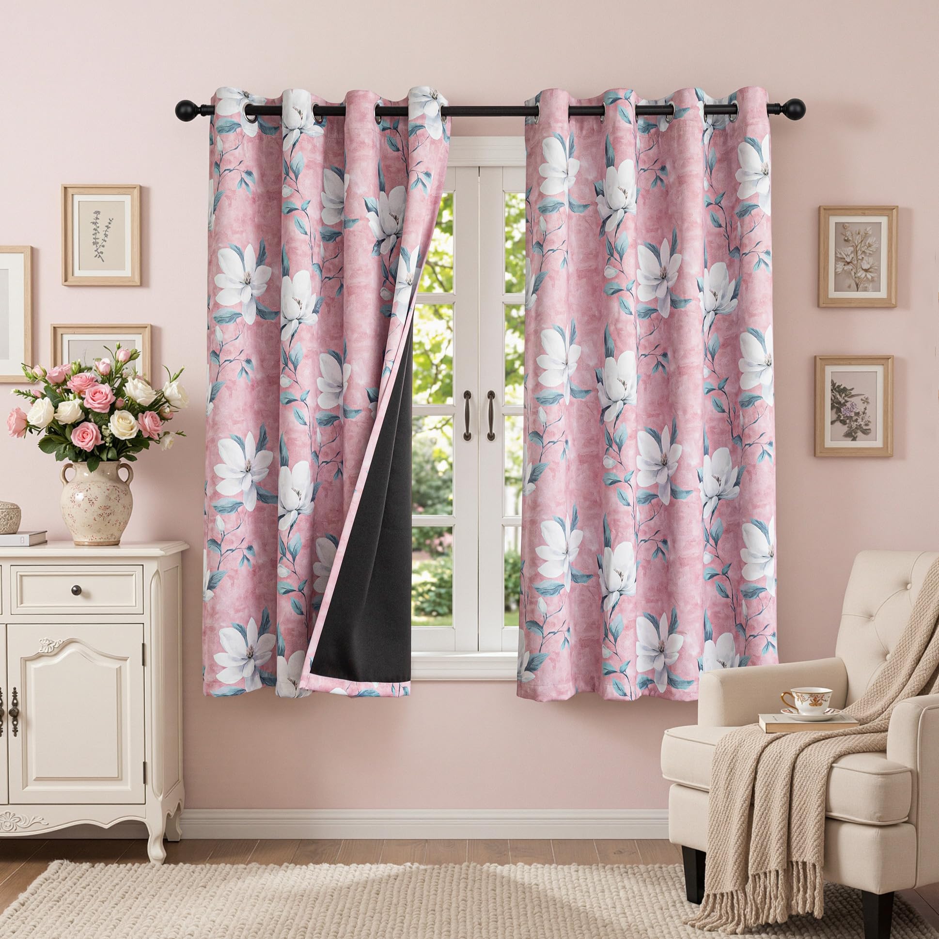 MYSKY HOME Floral 95% Pink Blackout Curtains 72 Inches Length 2 Panels