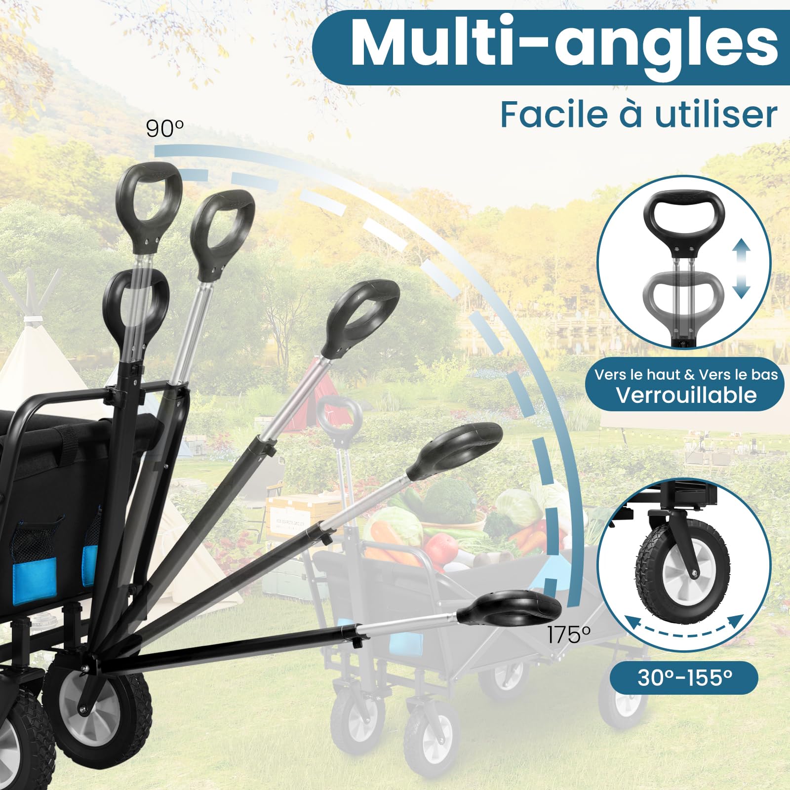 EUGAD 0009HC Chariot de Transport pour Jardin Max. 80kg Chariot Pliable à 4 Roues Tissu Oxford Anthracite+Turquoise