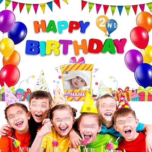Miniatura 5 de Telón de fondo personalizado con texto en inglés Happy 2nd Birthday, decoraciones de segundo cumpleaños, suministros de fiesta para niñas y niños,