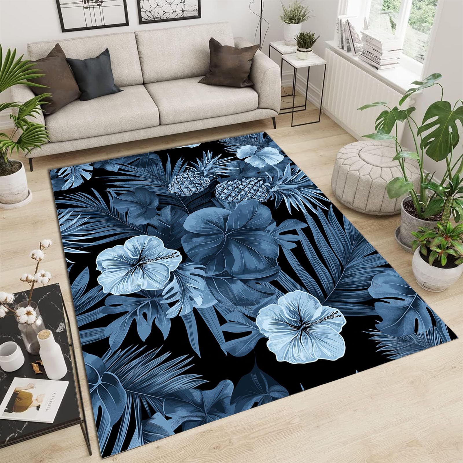 Tapis à poils courts indigo 240x300cm lavable et antidérapant pour grand salon