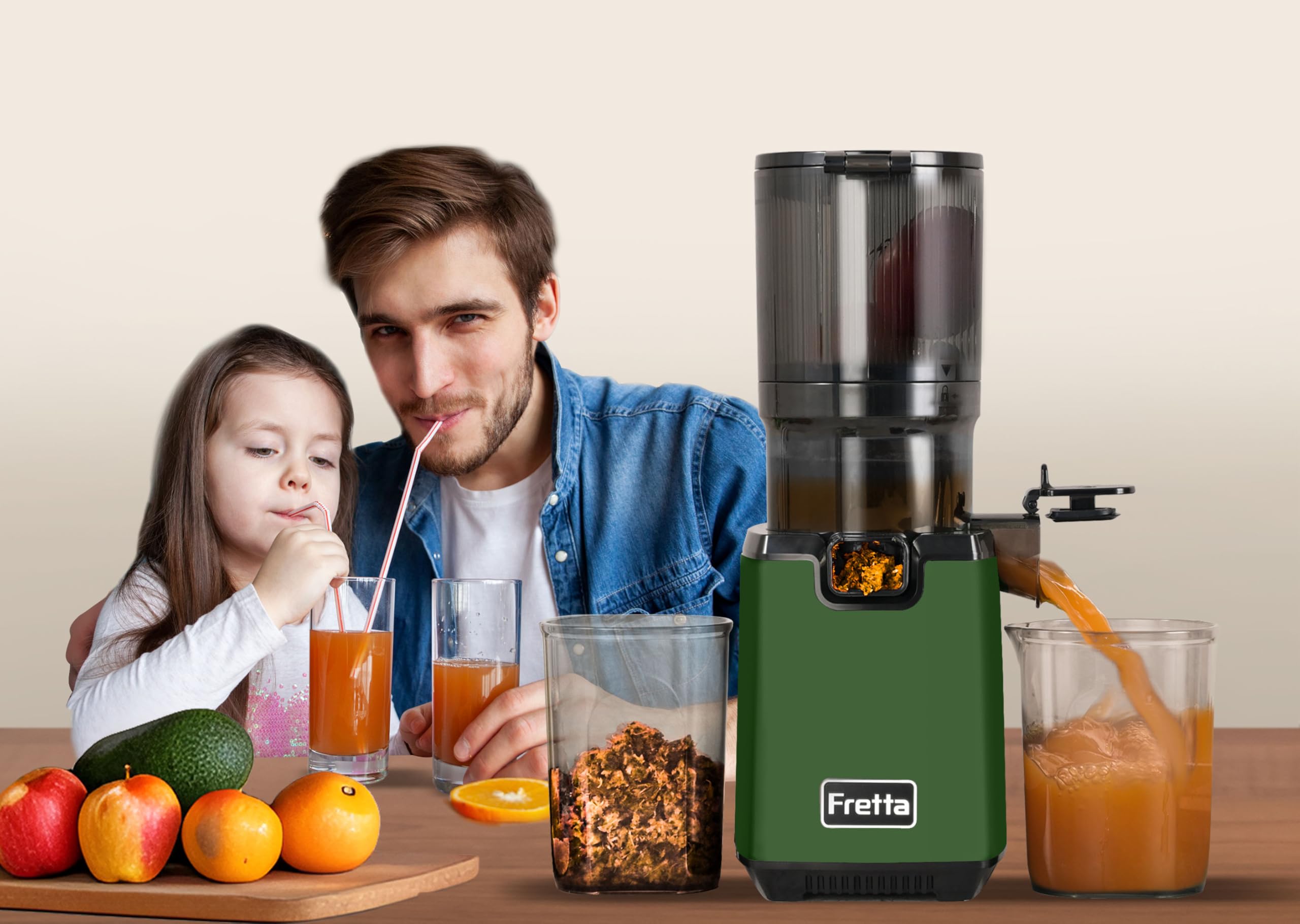 Fretta Entsafter Slow Juicer Testsieger, Entsafter Gemüse und Obst Grün | Einfache Montage & Reinigung，BPA-frei,135MM Öffnung，Ganze Früchte，Leiser，Umkehrfunktion,Hohe Saftausbeute,Leistungsstarke