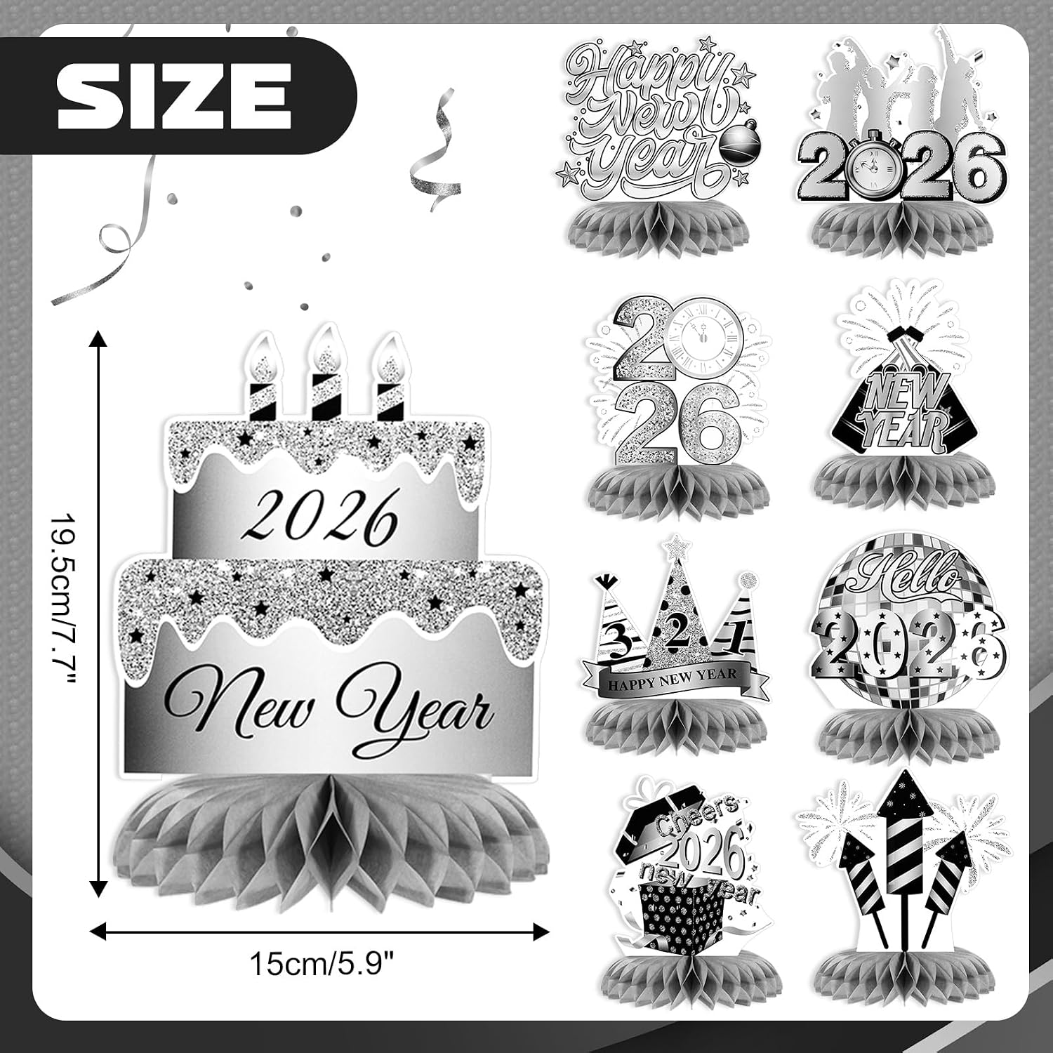 HOWAF 9pcs New Year Party Decorations Honeycomb Centerpieces, 2026 New Year Silver Table Centerpieces, NYE Table Topper for Happy New Year Party Favors, Silver Firework New Year Paper Centerpieces