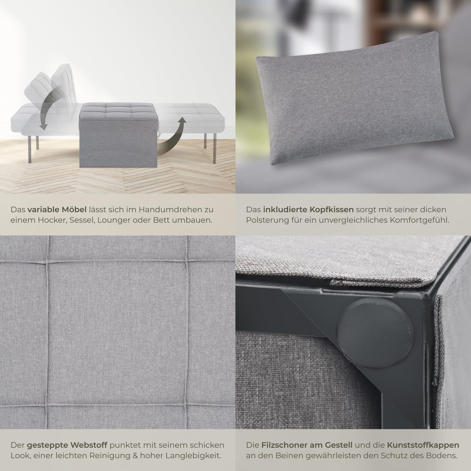 tectake® 4 in 1 gemütlicher Hocker mit Schlaffunktion, Sofa, Sessel oder Lounger, 6-Fach klappbar, als Couch, modulares Schlafsofa oder Lesesessel, für Schlafzimmer, Jugendzimmer, Wohnzimmer - grau