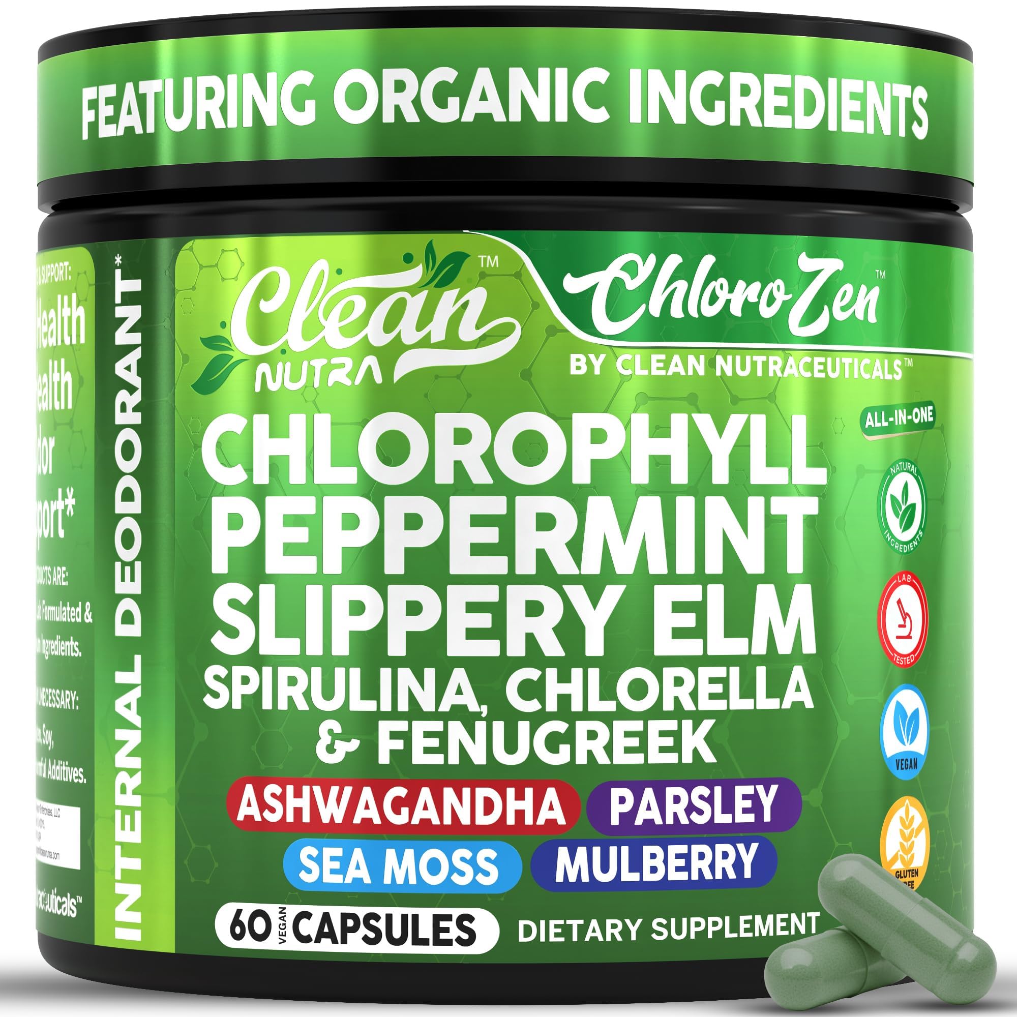 Chlorophyll Capsules with Peppermint, Slippery Elm, Parsley, Sea Moss