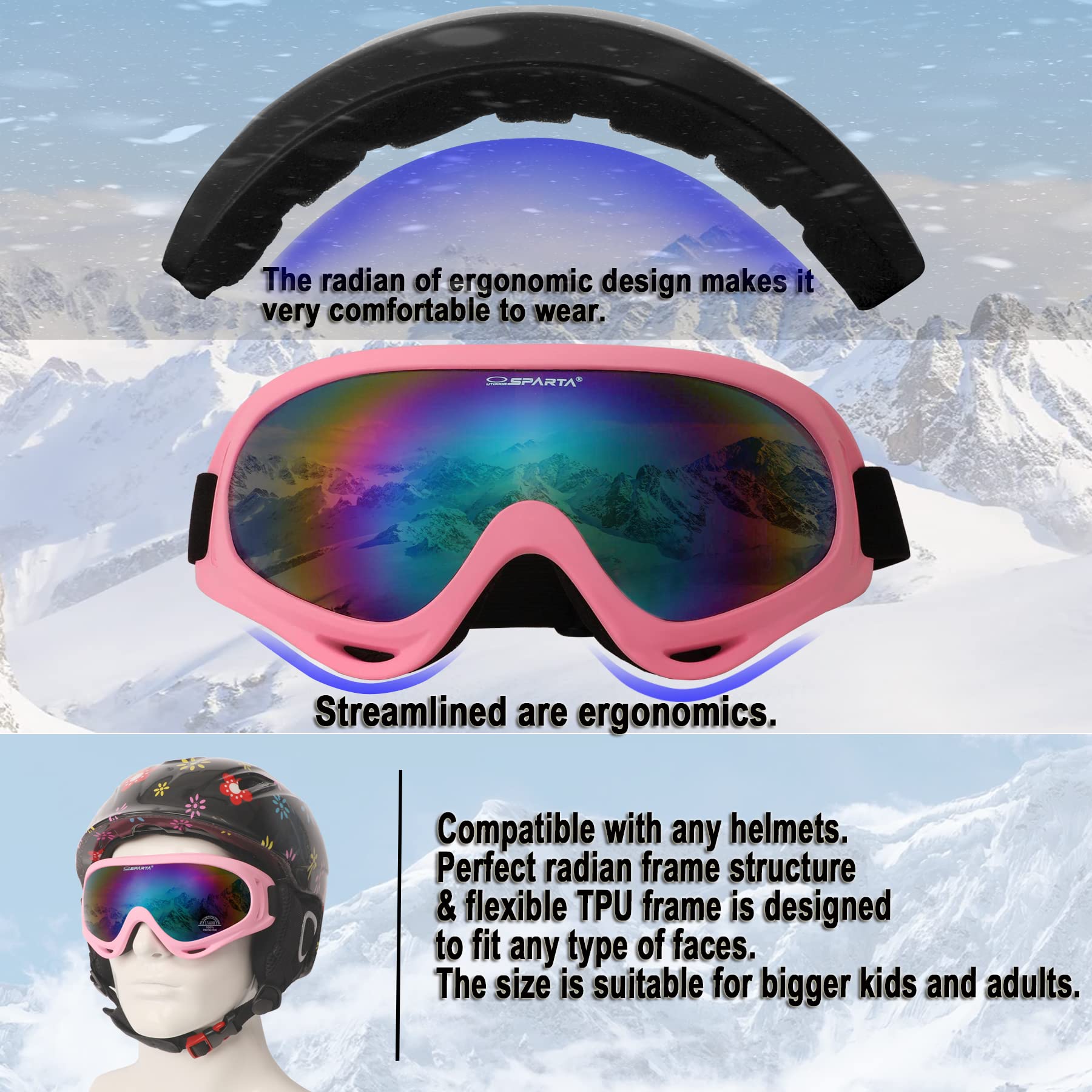 OUTDOORSPARTA 2-Pack Ski Goggles (6. White Frame, Mirrored Gold Lens; Pink Frame, Multiple Color Lens) - Image 3