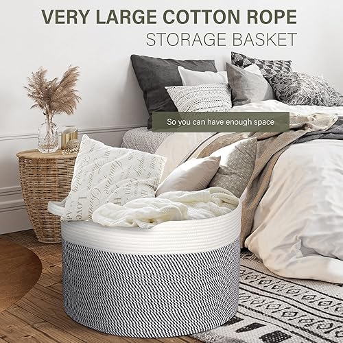 Miniatura 3 de Cesta grande de cuerda de algodón, 22x22x14 pulgadas, canasta tejida suave con asas para guardar mantas, ropa de bebé, ropa sucia (mezcla de azul