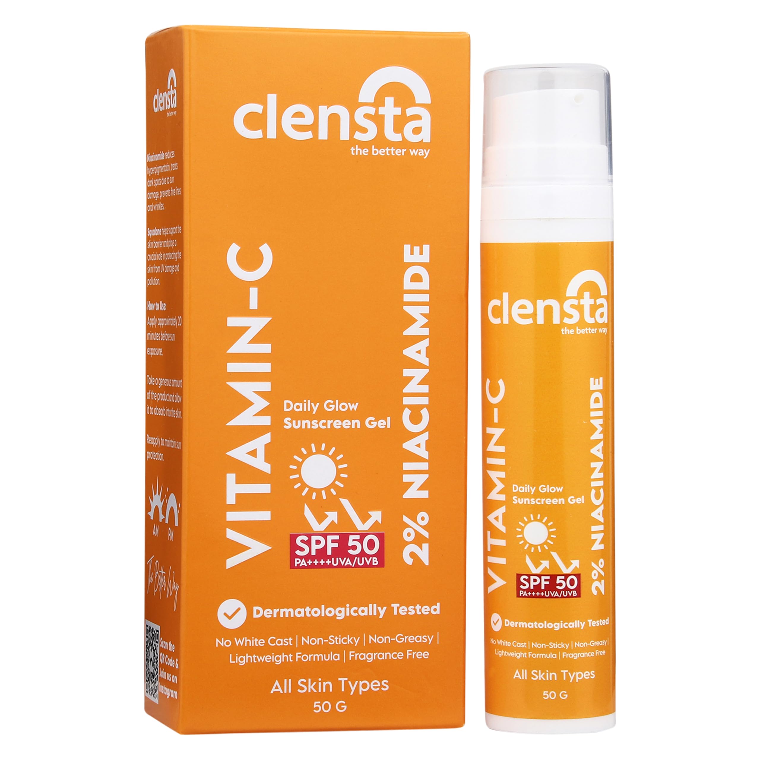 ClenstaDaily Glow Sunscreen Gel Spf 50 Pa++++ With Vitamin C, Niacinamide & Squalane, Uva/Uvb Filters - No White Cast, Lightweight & Anti-Tan Formula|For Men & Women, 50 Gm|For All Skin Types