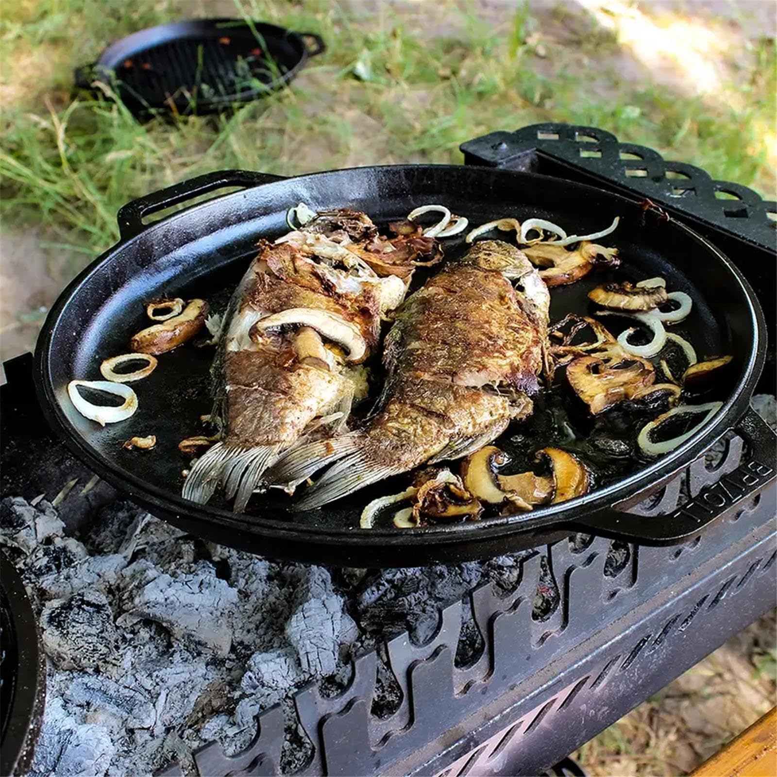 BIG-PAN Ø24 cm Wokpfanne 2,2 L Deckel-Bratpfanne Gusseisen Universaldeckel Servierpfanne Pfannenwender Kochlöffel Küchenhelfer