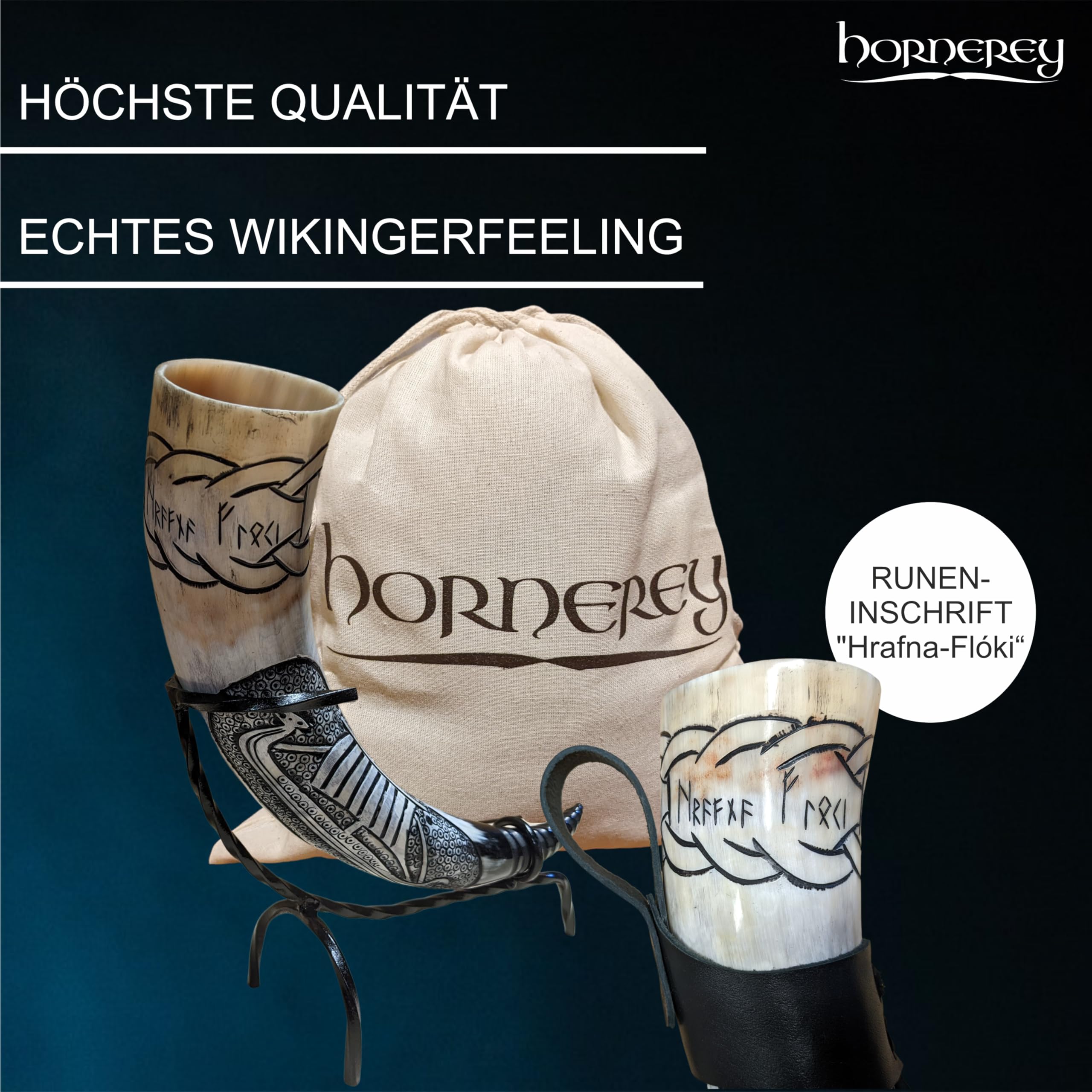 Trinkhorn Set Floki's Horn mit Ständer und Gürtelhalter, 500 ml, Wikinger Trinkhorn Set mit Ständer und Gürtelhalter, Methorn, LARP, Horn