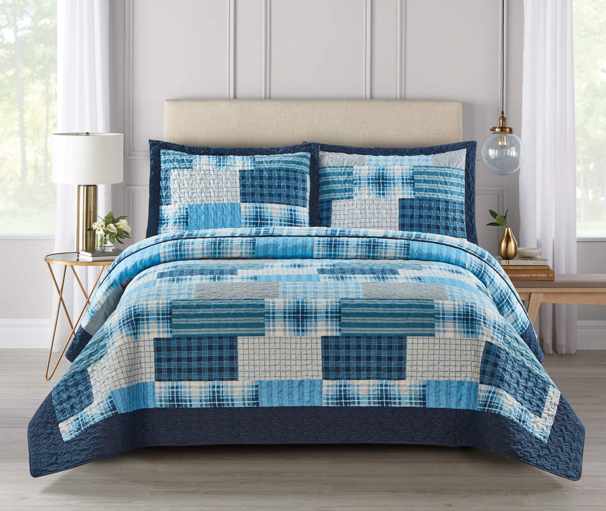 Householdfurnishing Check Denim Blue 3 Piece Printed Patchwork Bedspread Quilted Bed Throw Comforter With Pillow Shams (, Single)