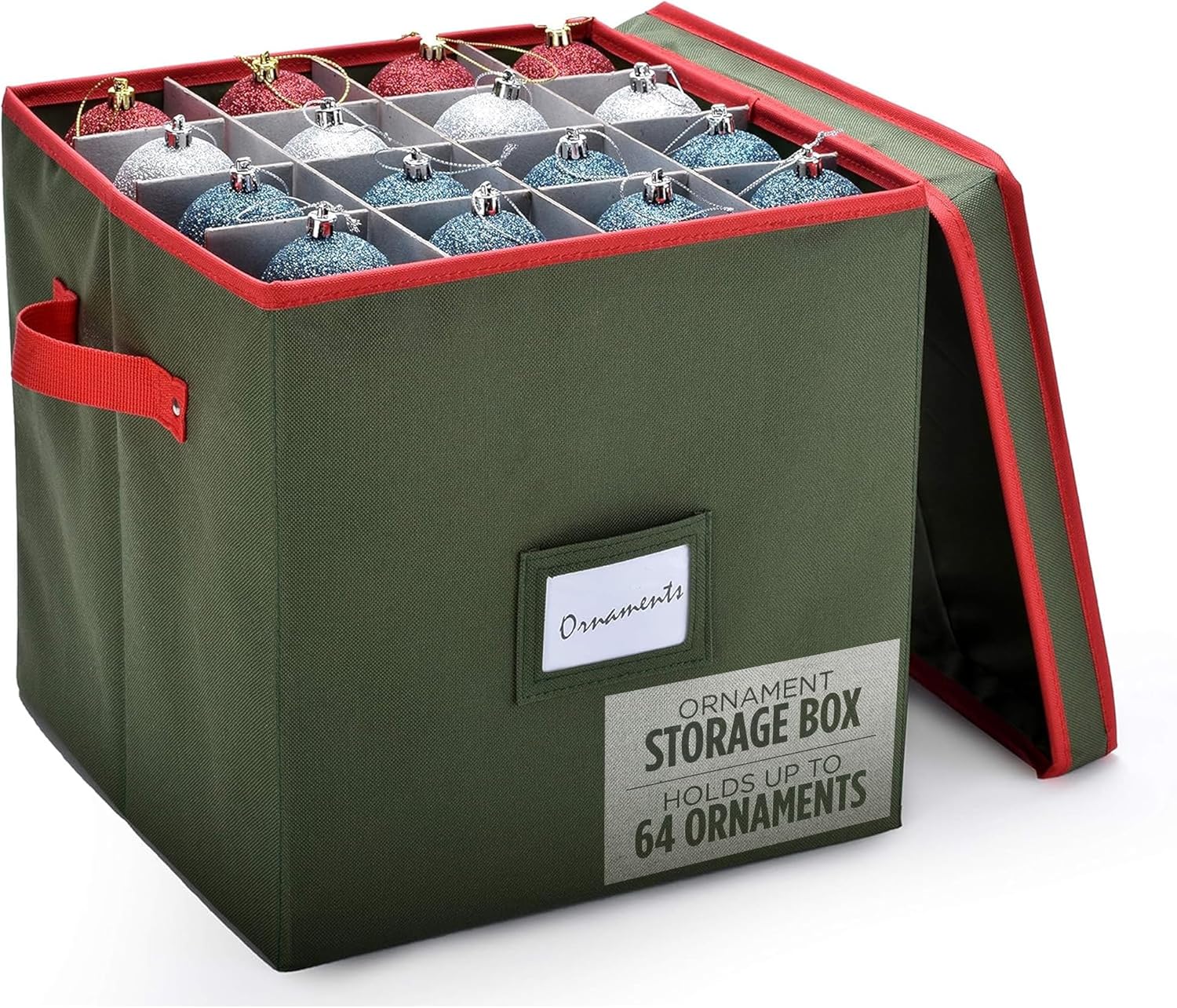 Christmas Ornament Storage - Stores up to 128 Holiday Ornaments, Adjustable Dividers, Zippered Top, Two Handles. Attractive Storage Box Keeps Holiday Decorations Clean and Dry for Next Season (Green)