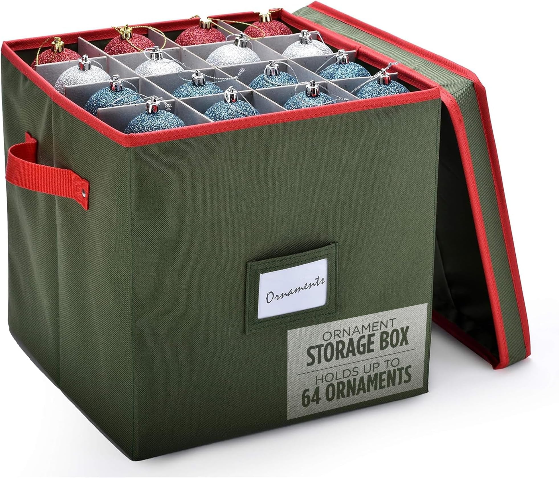 Handy Laundry Christmas Ornament Storage - Stores upto 64 Holiday Ornaments, Adjustable Dividers, Two Handles. Storage Box Keeps Holiday Decorations Clean and Dry for Next Season. (Green)
