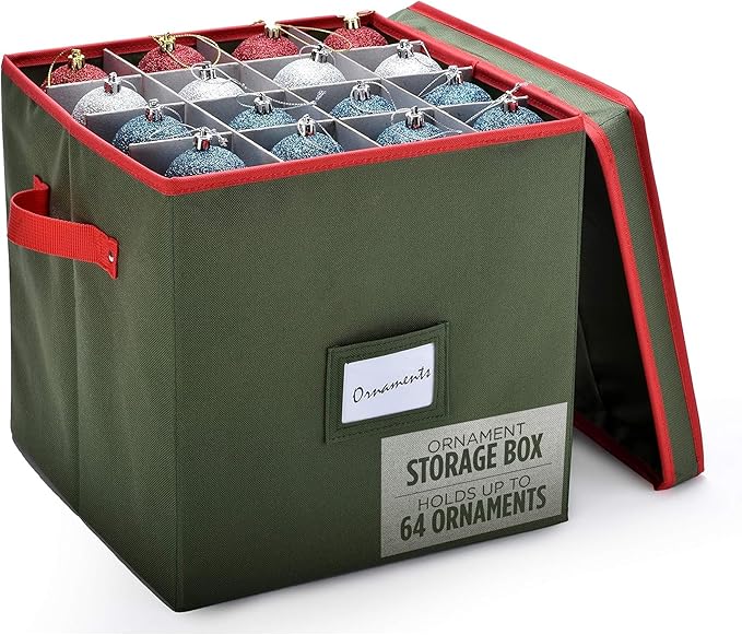 Handy Laundry Christmas Ornament Storage - Stores upto 64 Holiday Ornaments, Adjustable Dividers, Two Handles. Storage Box Keeps Holiday Decorations Clean and Dry for Next Season. (Green)