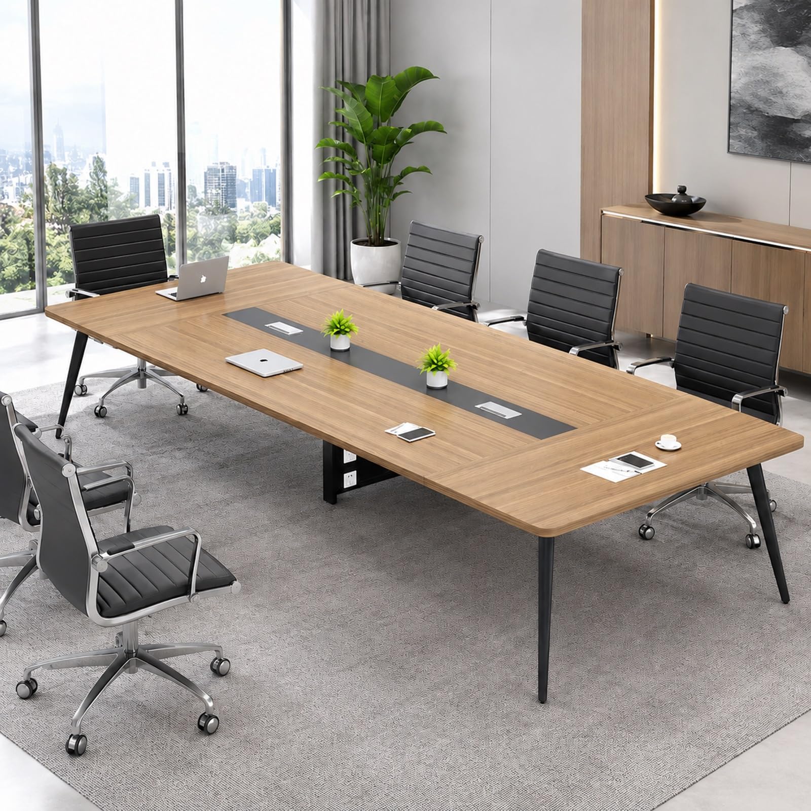 Mesa de conferencias Grande con 2 Cajas de gestión de Cables, Tablero Efecto Madera de 2,5 cm, Mesa de Oficina Rectangular Moderna, Varios tamaños(European Oak,350 * 150cm)