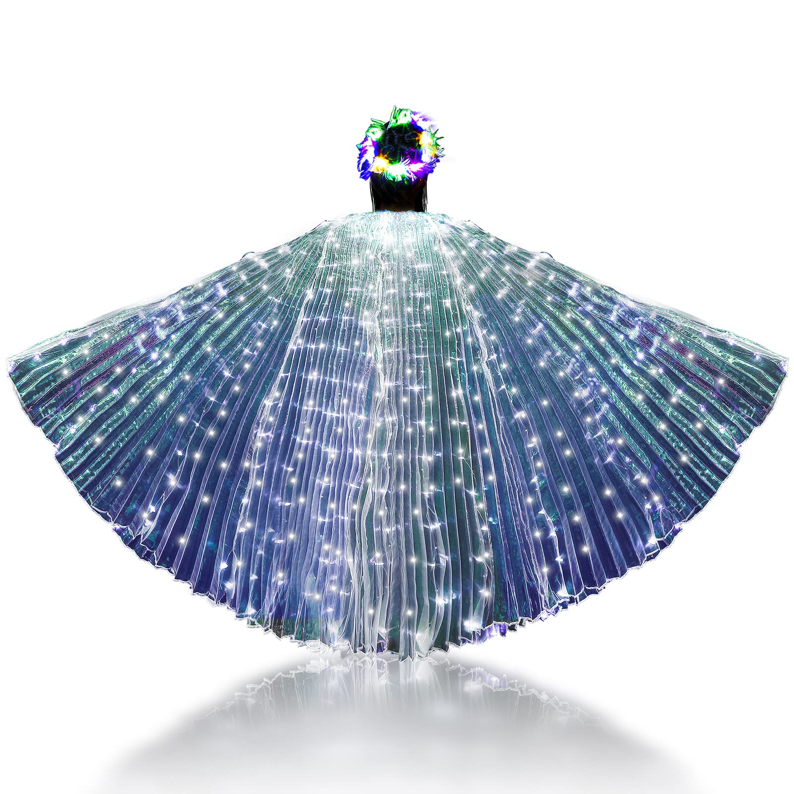 ZhanmaiLED Belly Dance Wing Light up Feather Headband Glow Butterfly Wing Cape with Telescopic Stick Rainbow Costume