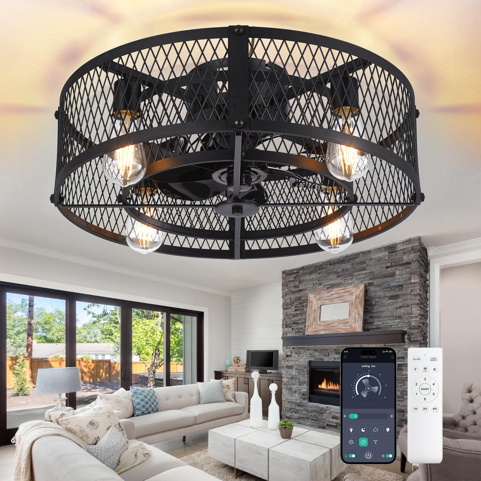 Depuley Small Ceiling Fan with Lights: Low Profile Ceiling Fan Reversible 20" - Industrial Caged Flush Mount Ceiling Fans Light fixture 6 Speeds for Kitchen Bedroom Black E26 Base Bulbs Included