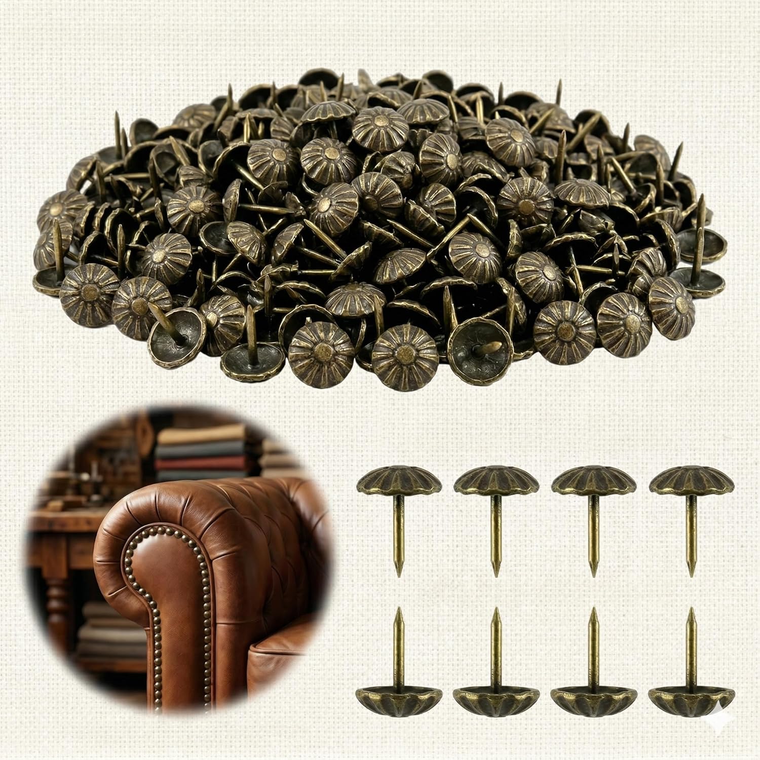 decotacks® Heavy Duty, Vintage Upholstery Tacks, Furniture Nails, Pins 7/16" Head Diameter - 100 Pcs [Antique Brass Daisy] DX54AB