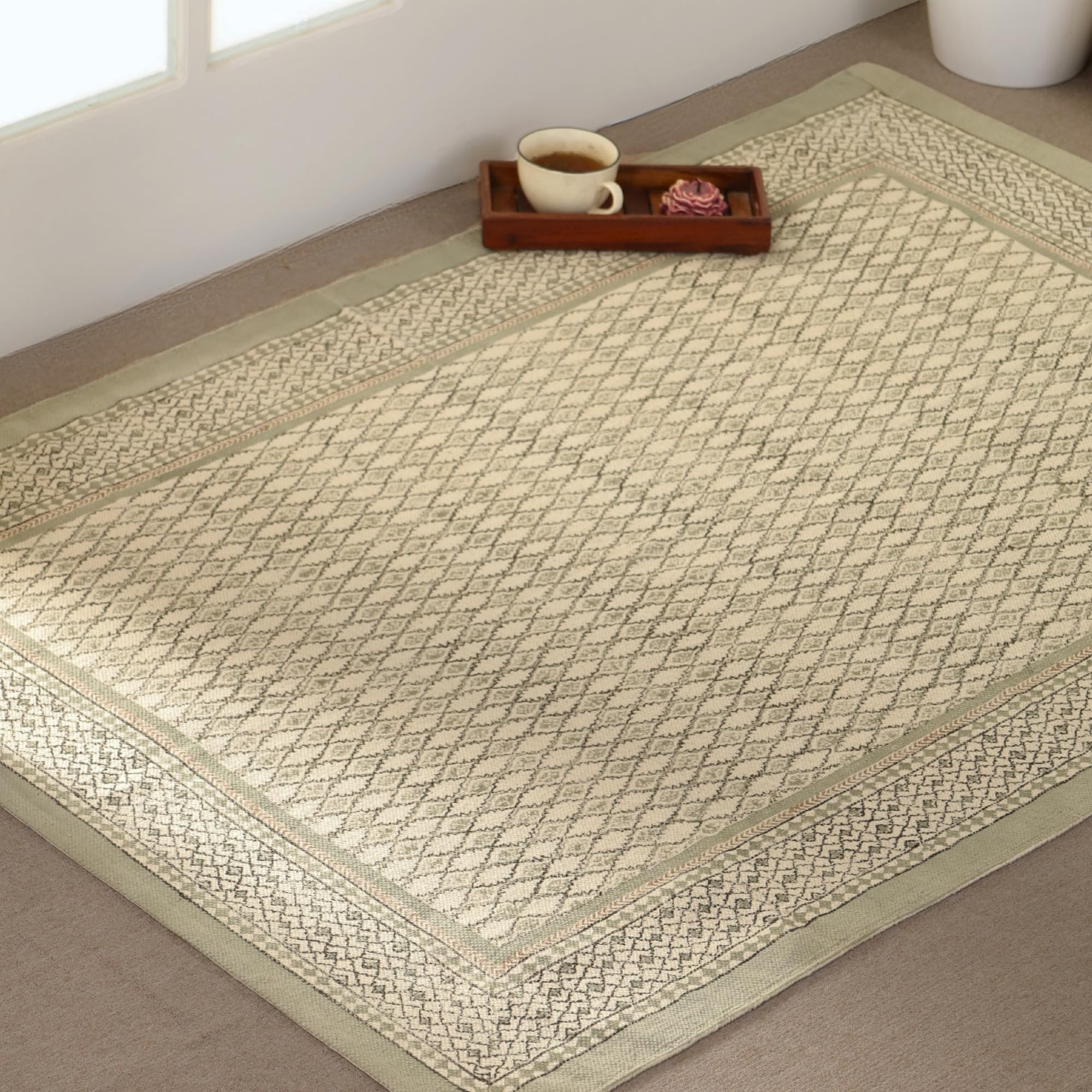 Peepul Tree Pure Cotton Hand Block Printed Rug for Bedroom in Aqua Green | 4 x 6 ft | Perfect for Bedroom Rugs, Bedside Rug | Dry Clean Recommended