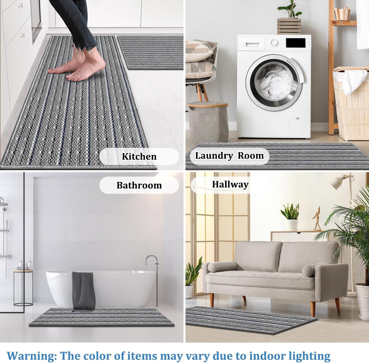 eqivei Kitchen Rugs Washable Non-Skid 2-Piece Set, 20"x47" + 20"x32" Absorbent Soft Floor Mats for Kitchen Sink & Entryway, Decorative Runner, Easy Clean Anti-Fatigue Comfort (Grey)