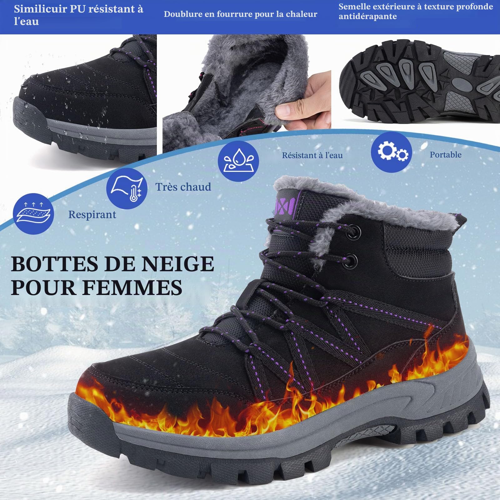 Warm Femmes Neige Bottes Chaussures d'hiver Classiques pour Femme Antidérapantes Outdoor Bottine de Neige Randonnée