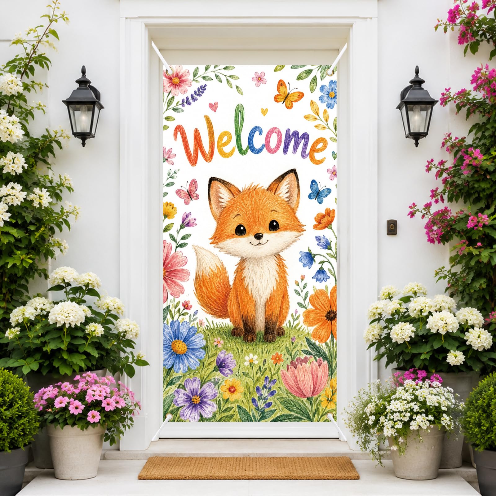 arricraft 1pc Vivid Fox Welcome Polyester Door Cover, 72.83"x35.43" Hand Drawn Foxes Flowers Pattern Backdrop Banner Door Porch Sign Photography Background for Party Porch Home Decor Accessories